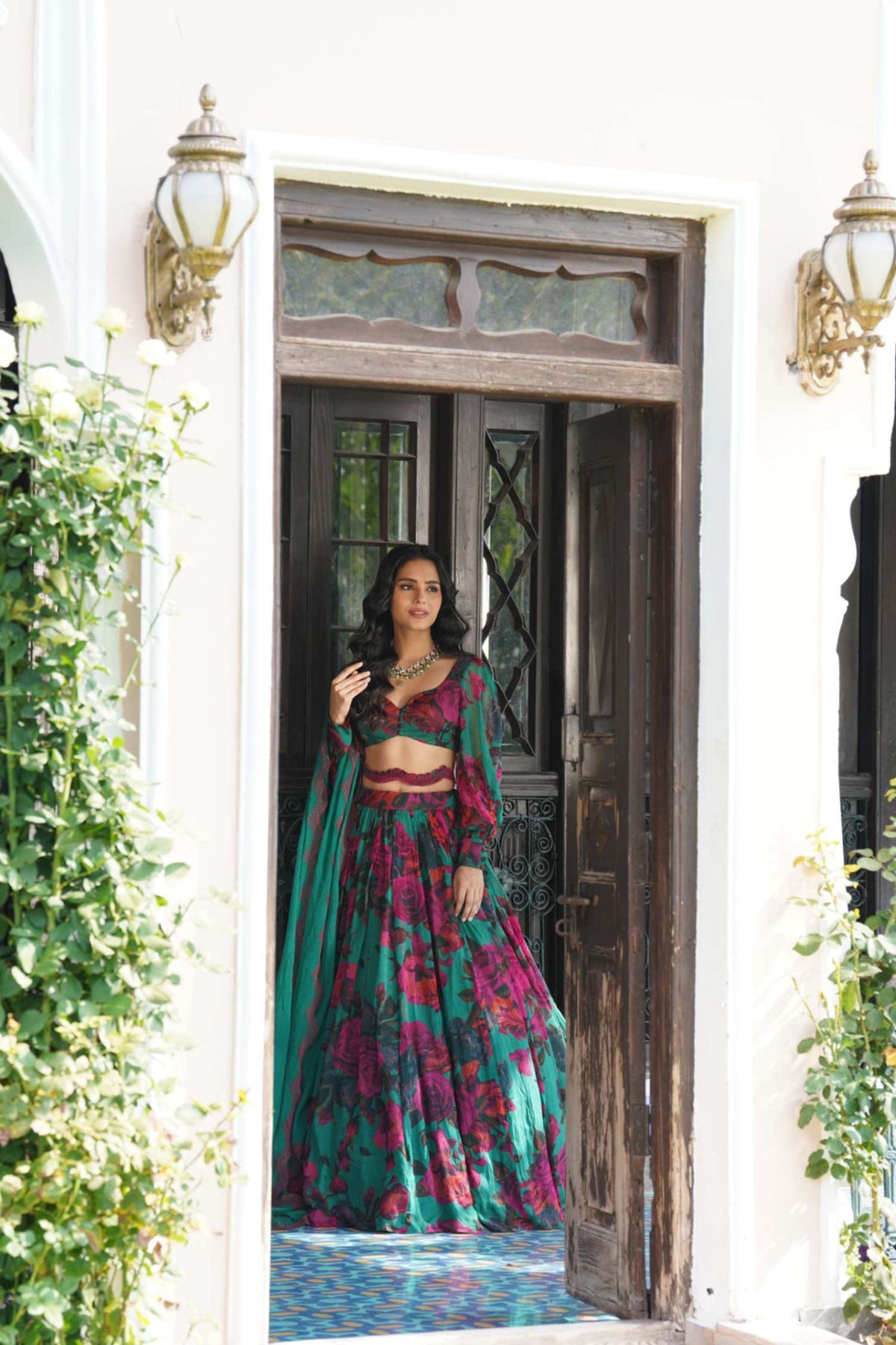 Teal Green Chiffon Floral Lehenga Set