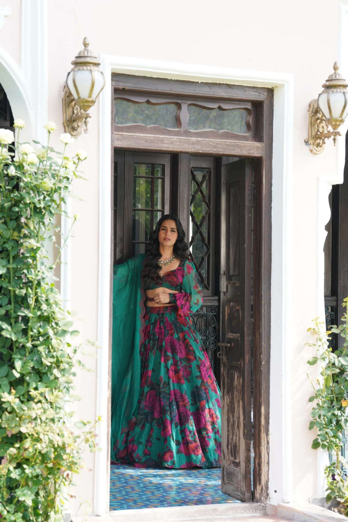 Teal Green Chiffon Floral Lehenga Set