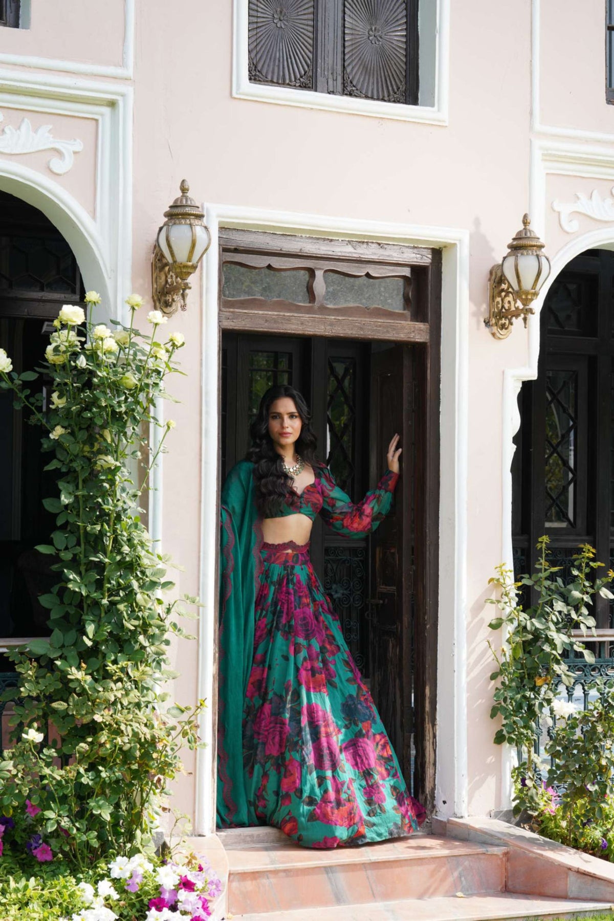 Teal Green Chiffon Floral Lehenga Set