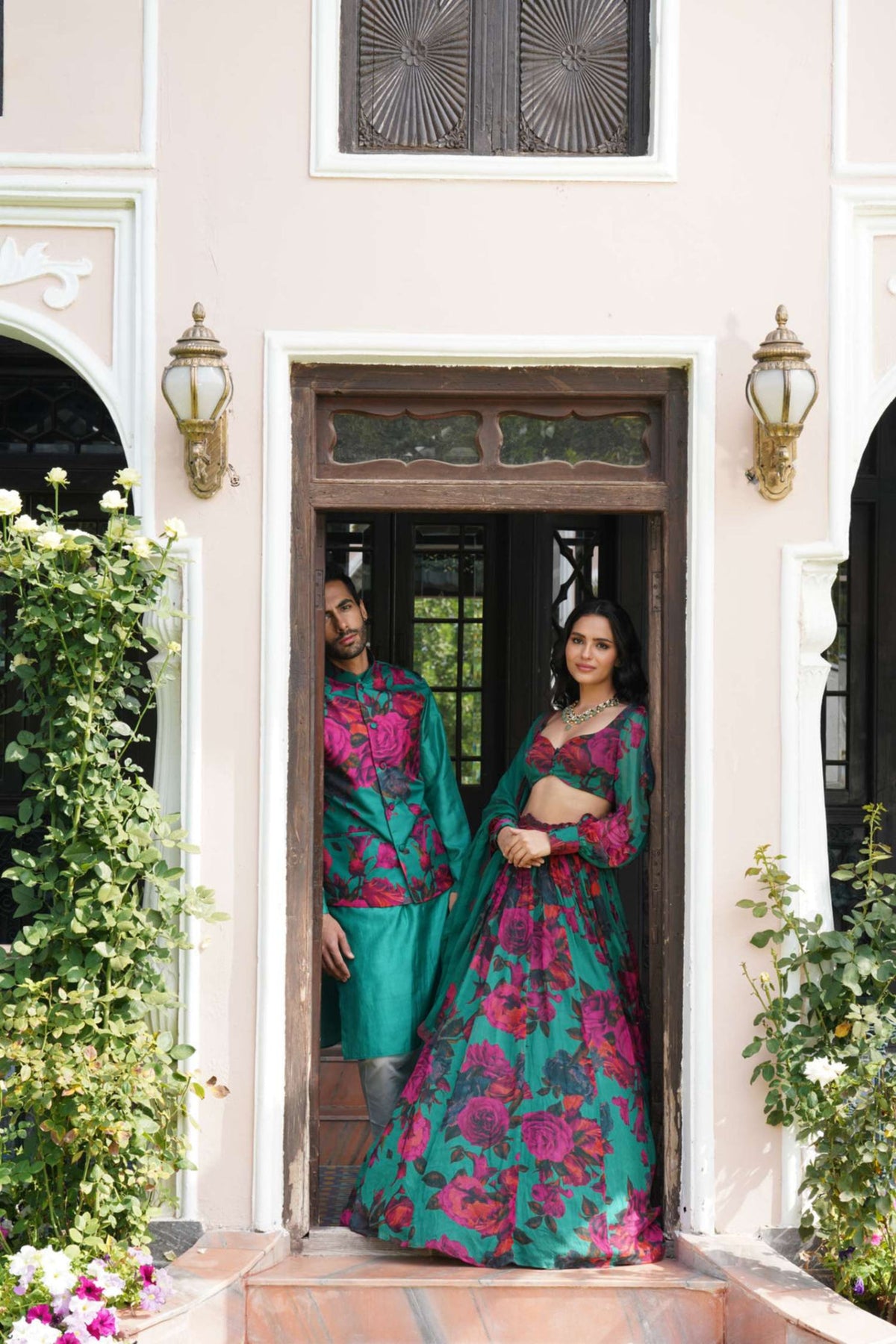 Teal Green Chiffon Floral Lehenga Set