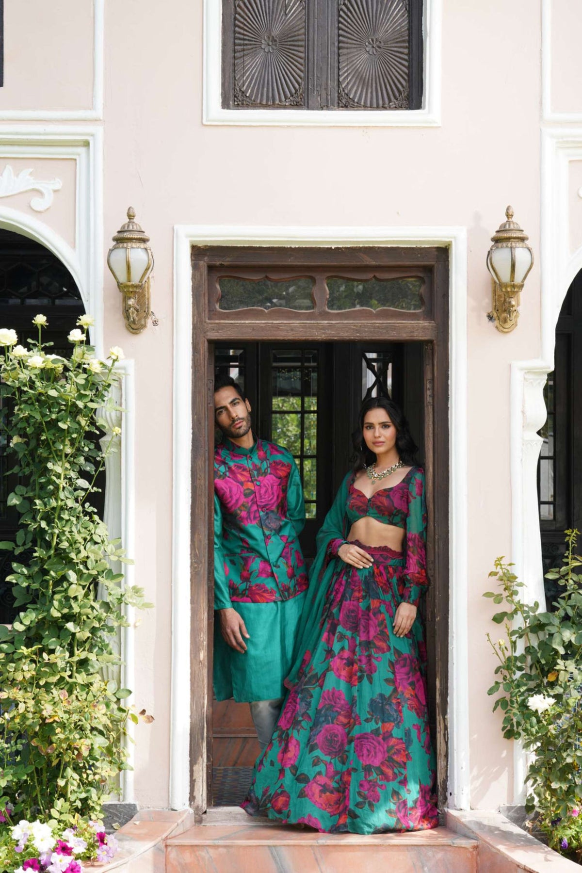 Teal Green Chiffon Floral Lehenga Set