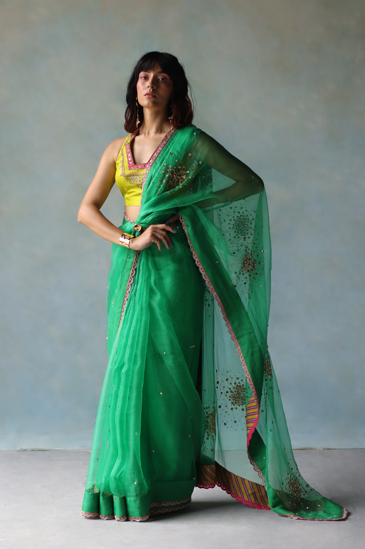 Gul Green Sequin Flower Sari