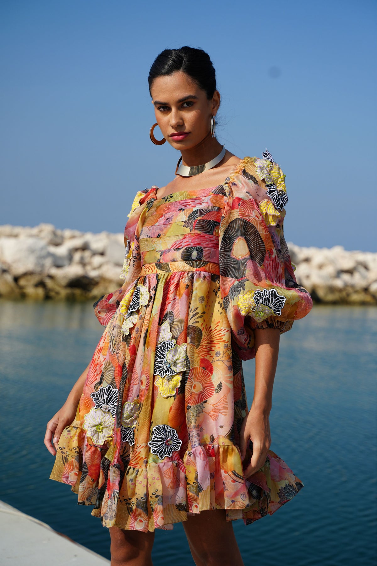 Ameoba Printed Dress With 3d Motif