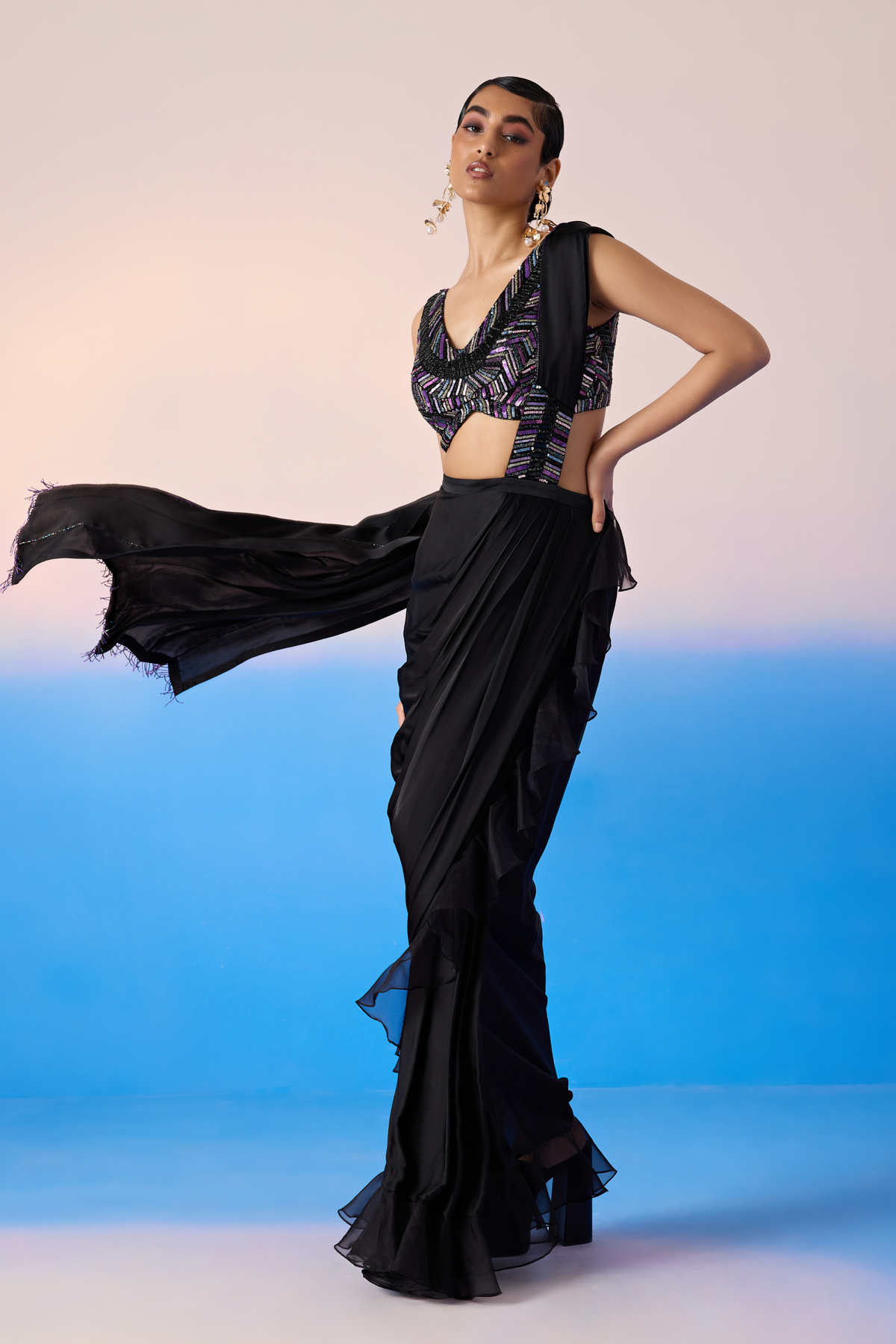 Black Draped Saree Set