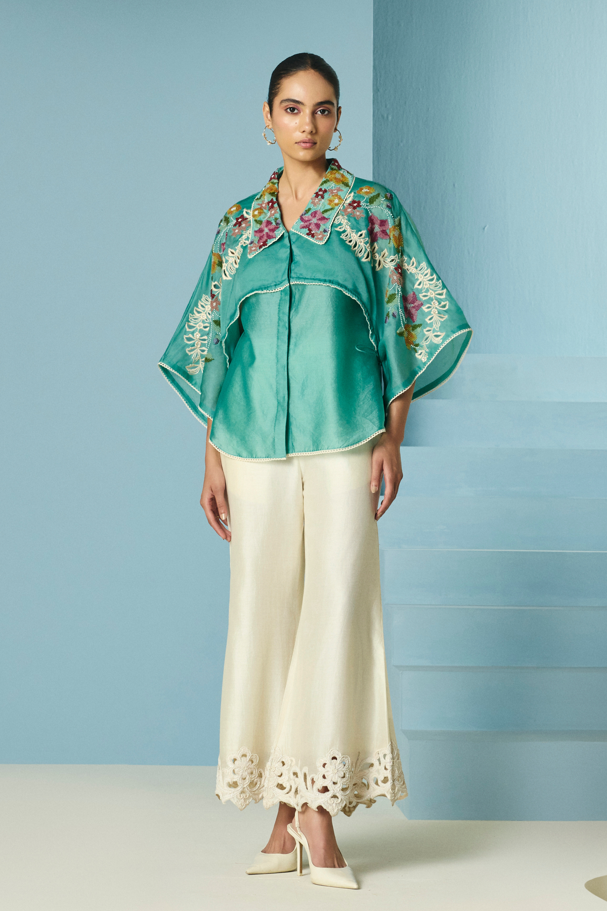 Aqua Floral Beadwork Layered Shirt