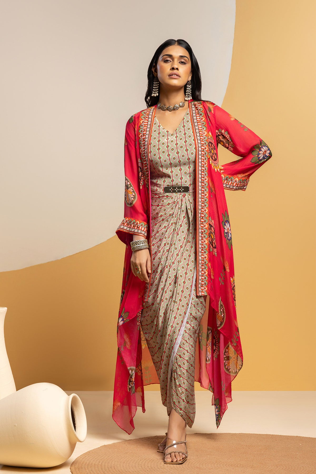 Multicolor Embellished Jacket Set