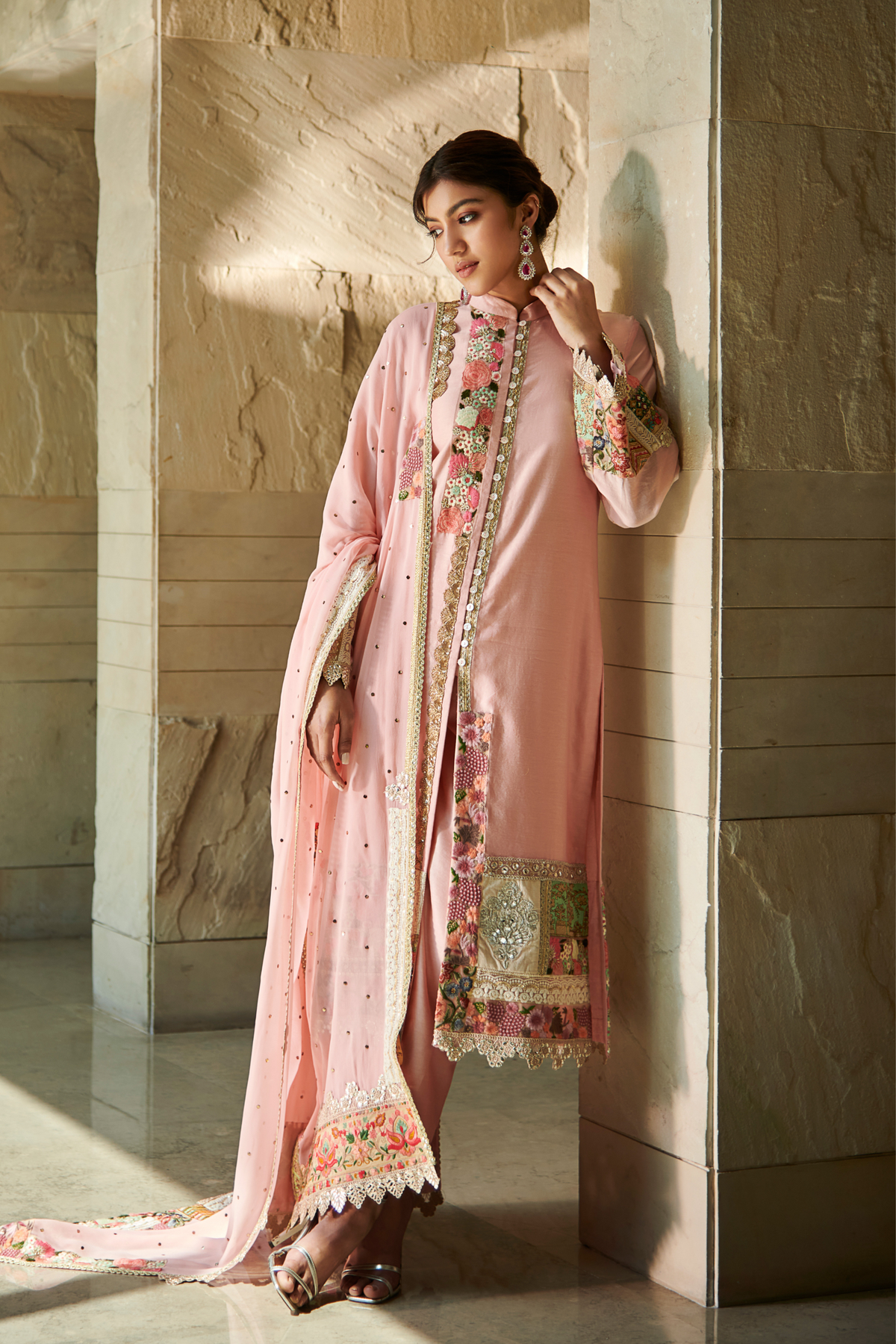Peach patchwork front open suit set