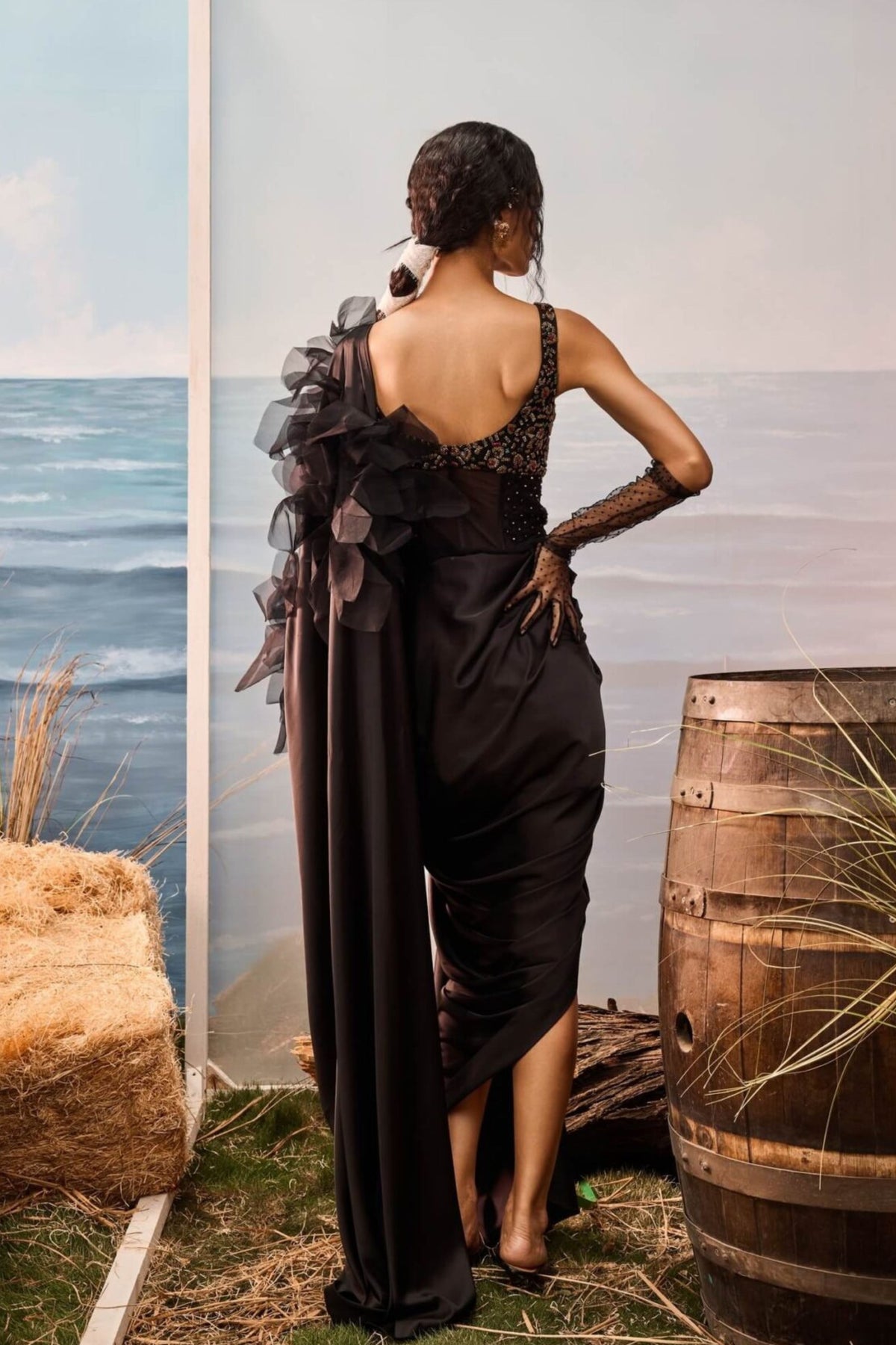 Black Satin Drape Sari Set