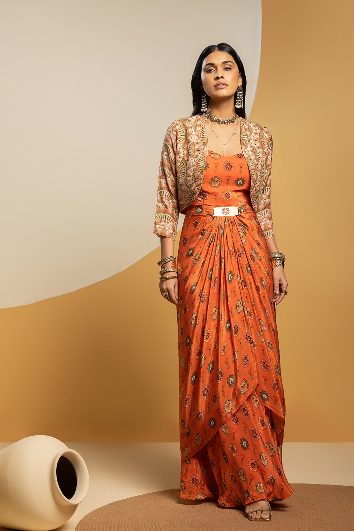 Rust Printed Drape Dress Set
