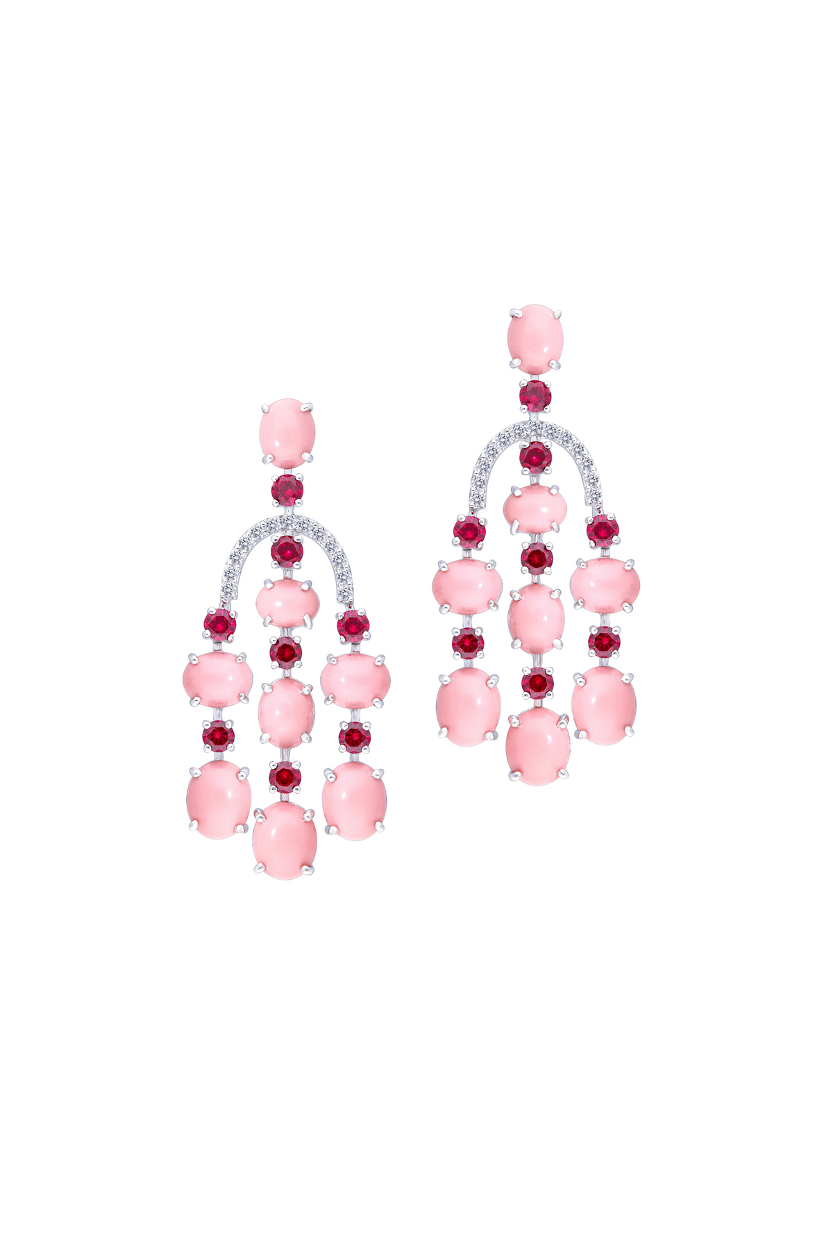 Cocktail Earrings With Pink Coral &amp; Rubies