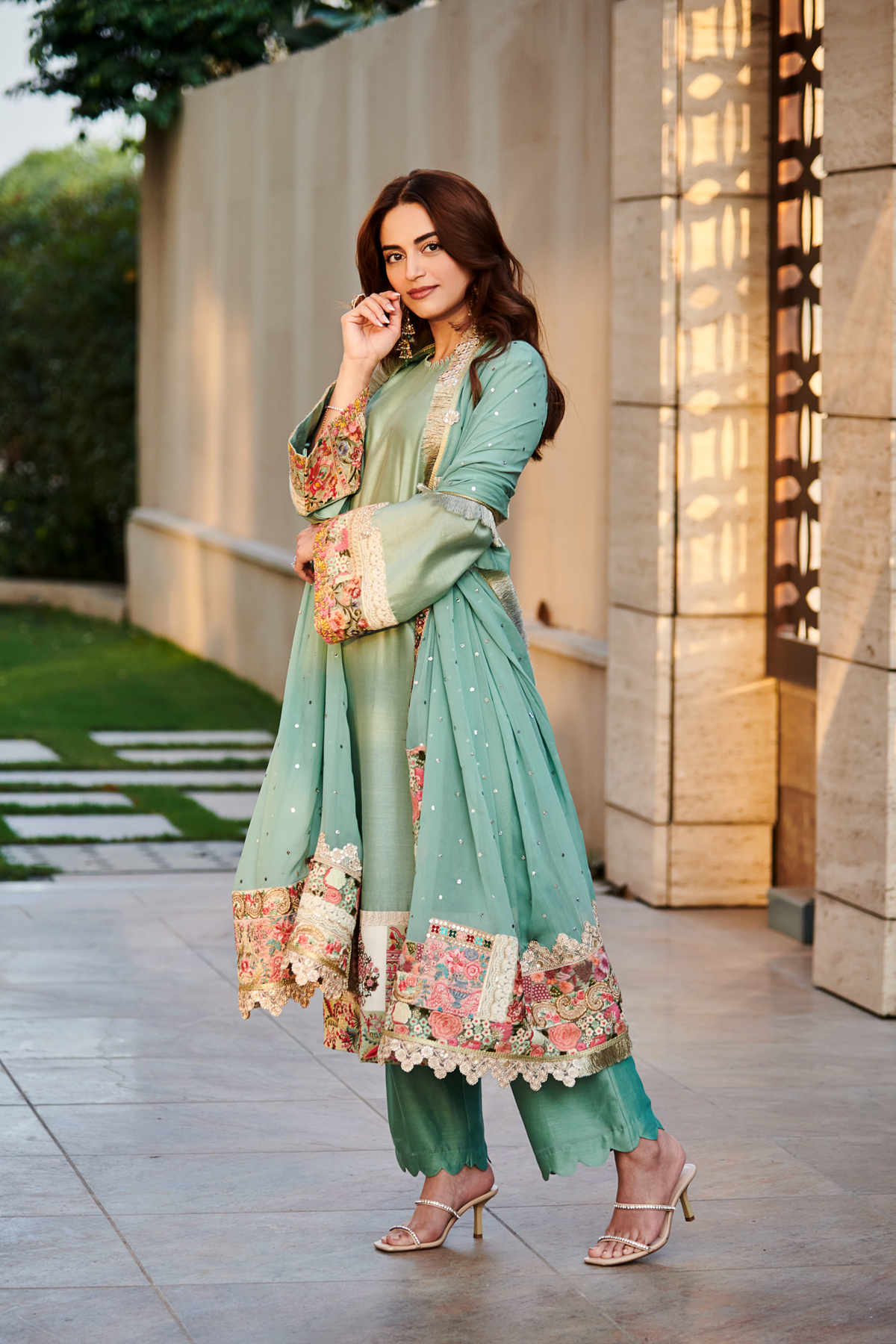 Multi patch mint green suit set