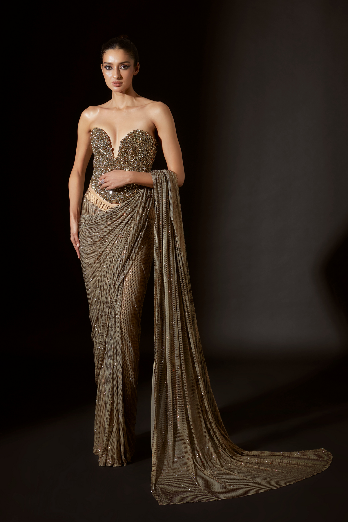 Dusky Gold Golden Scarab Saree Set