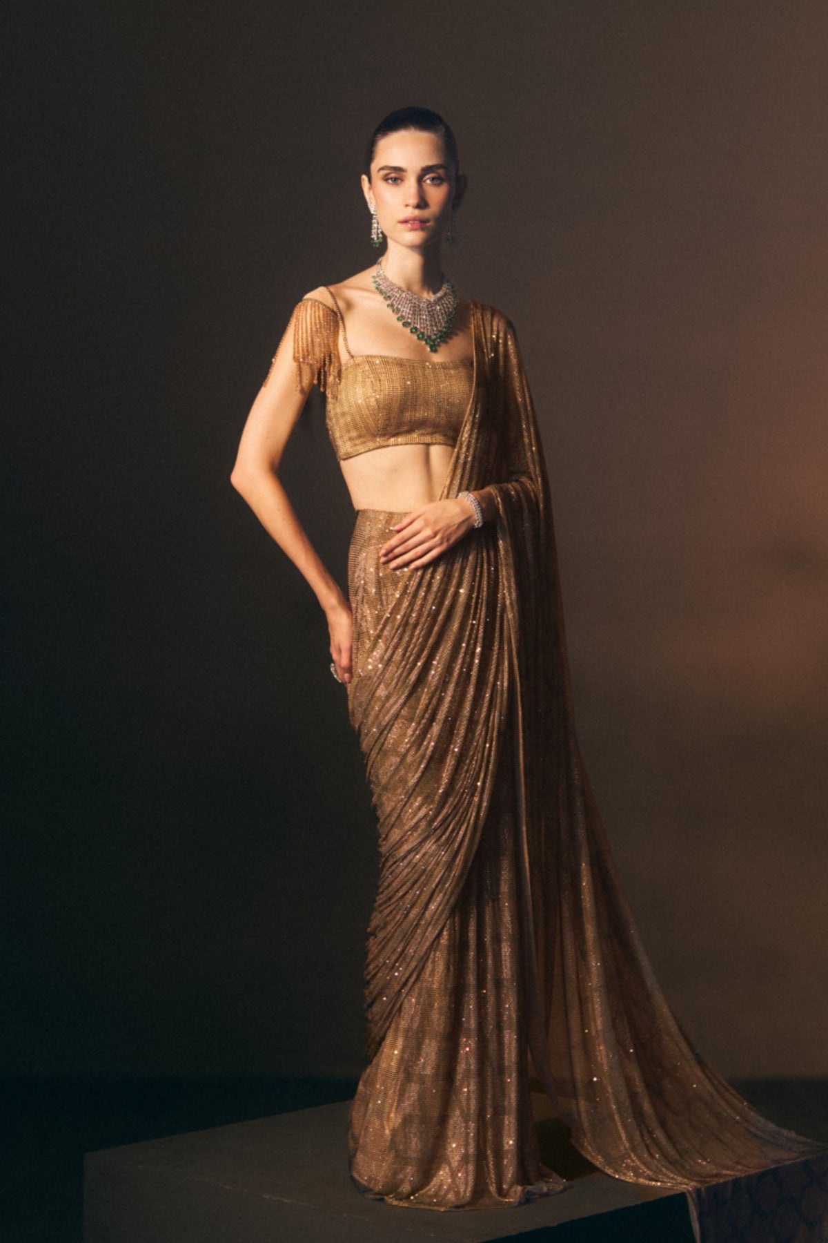 Champagne Drape Saree Set