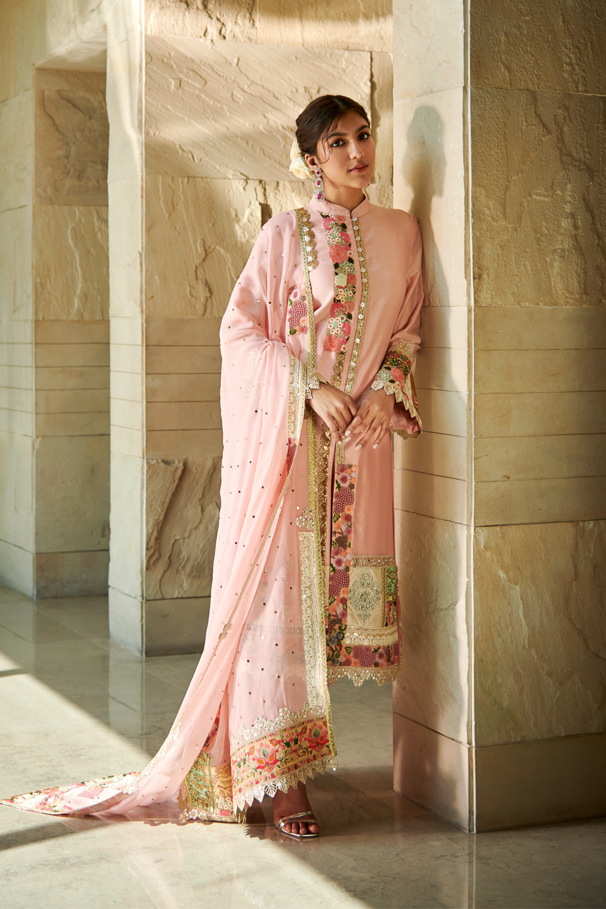 Peach patchwork front open suit set