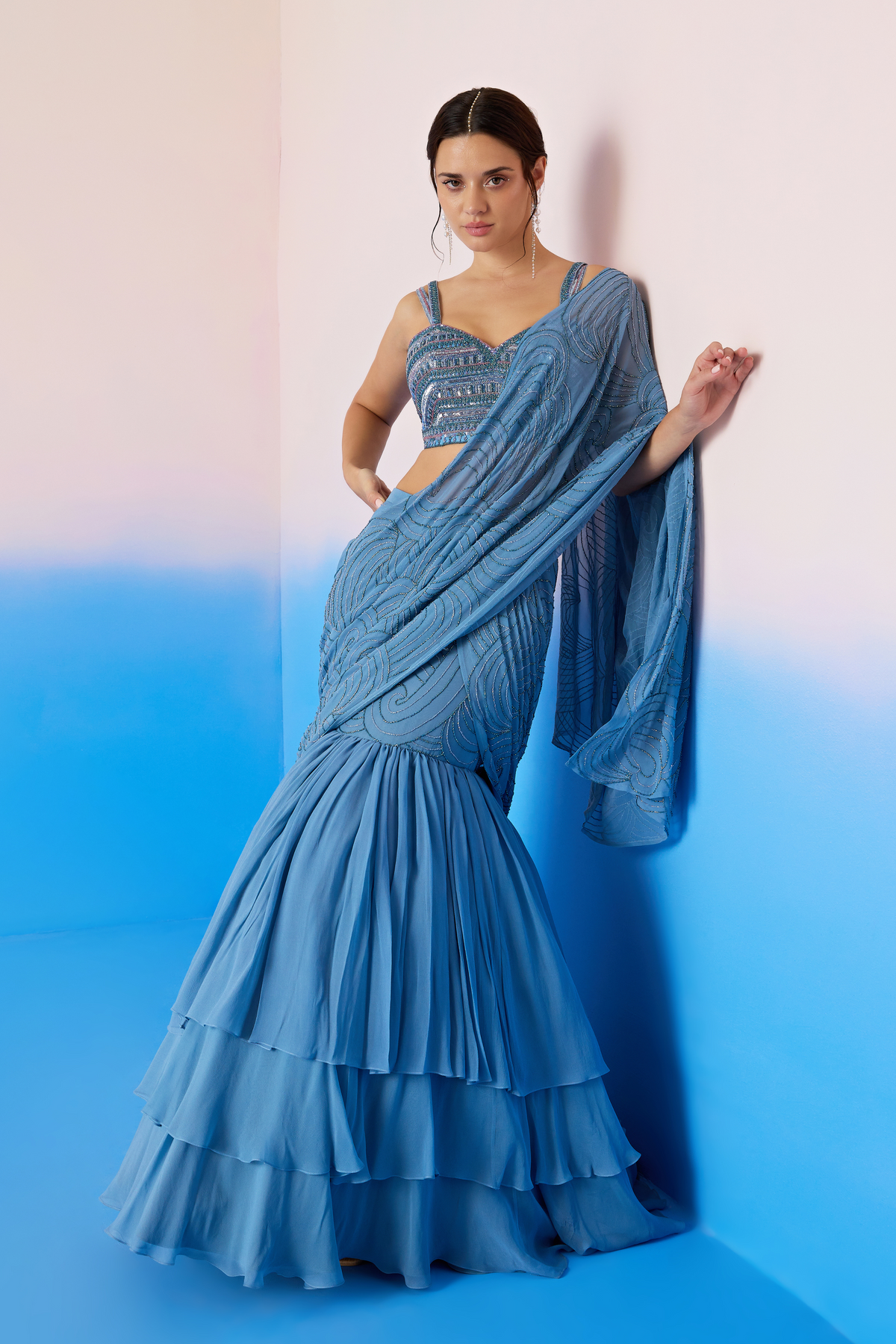 Mint Blue Lehenga Set With Attached Dupatta