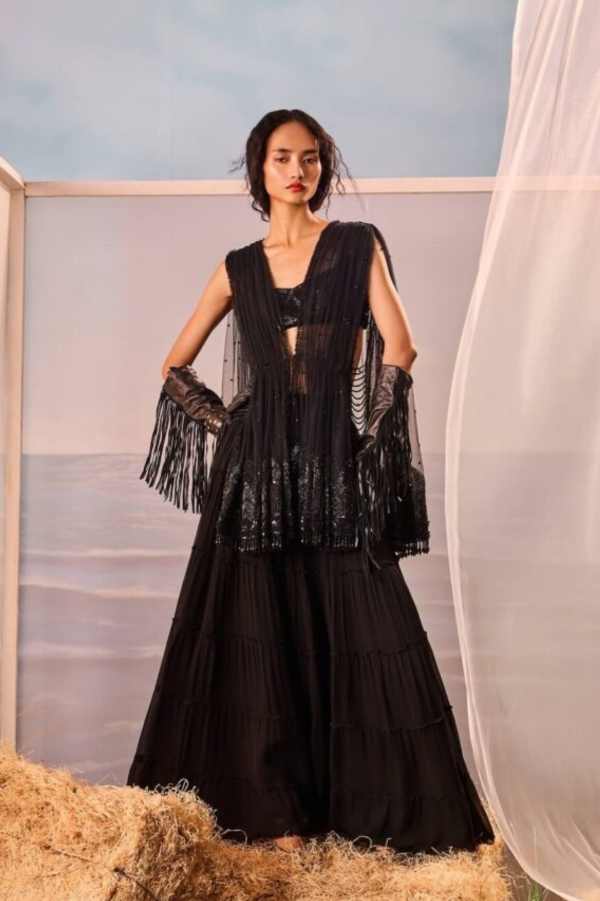 Black Tiered Sharara Set