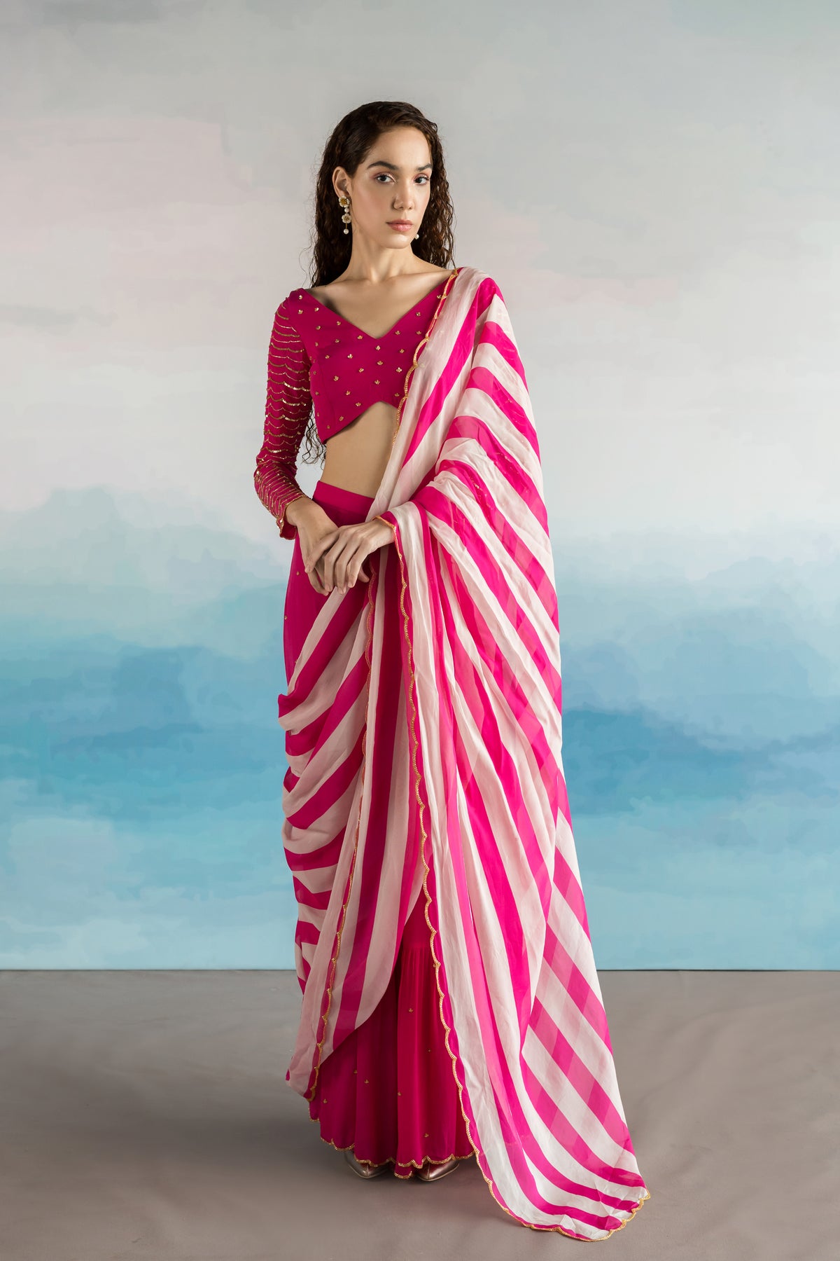 Rani Pink Striped Draped Saree