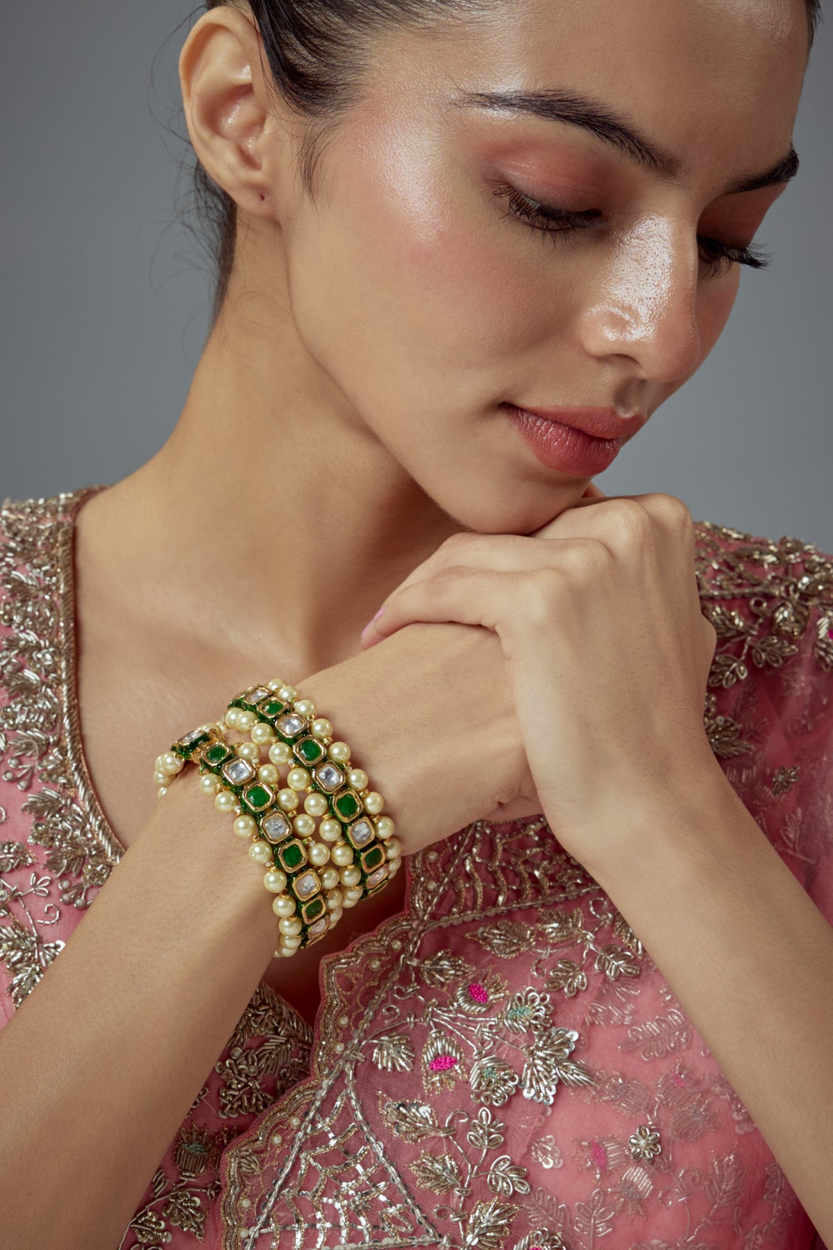Saadgi Gold Green Gemstones Bangles