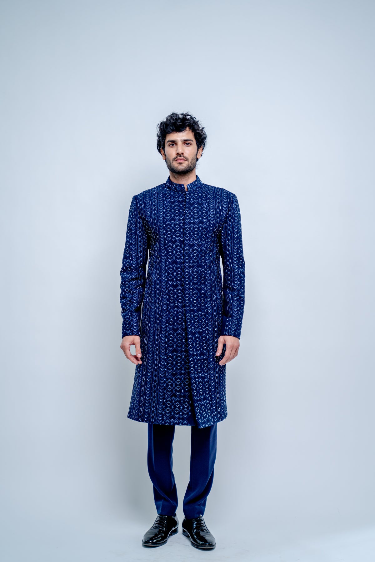 Sapphire blue geometric sherwani