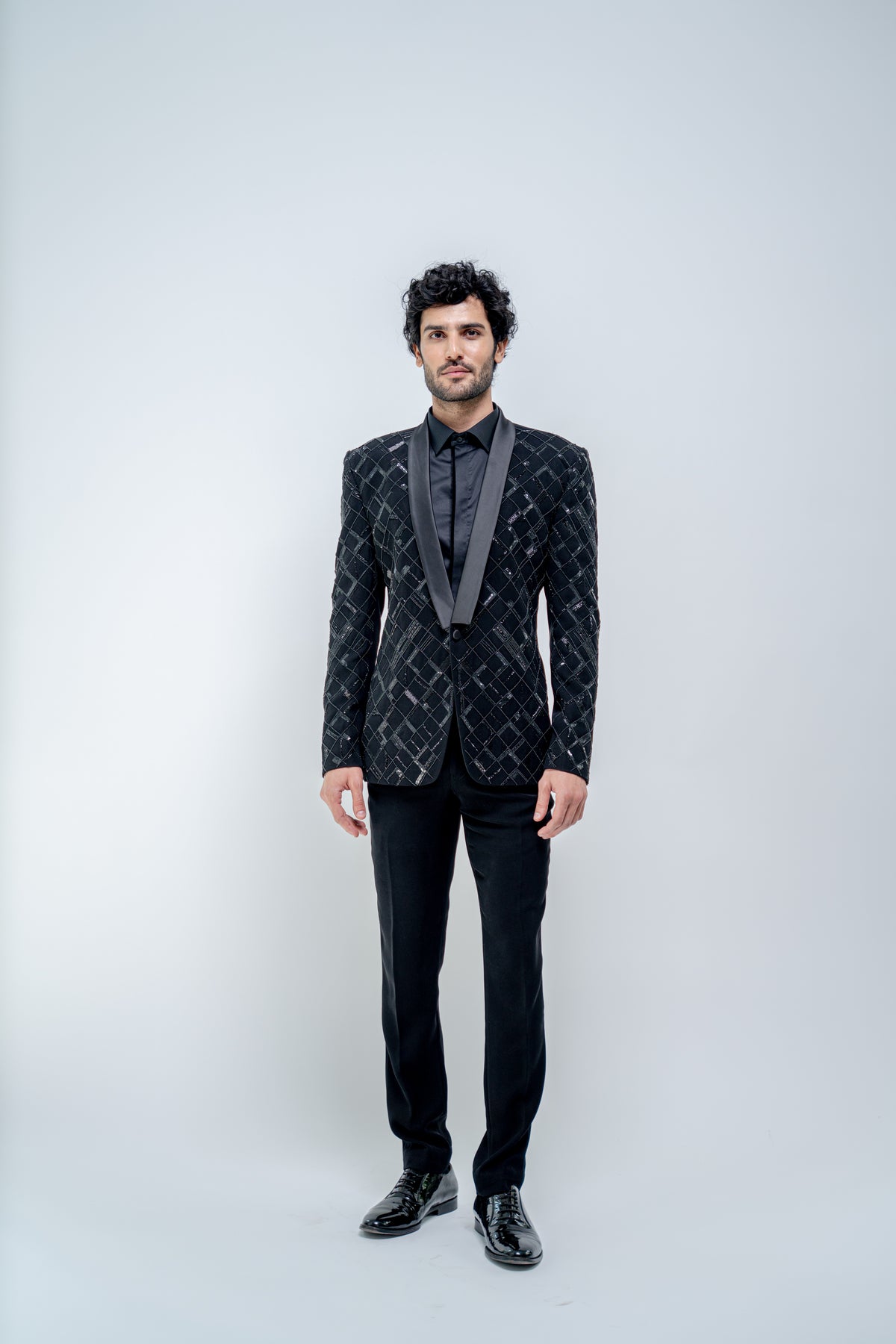 Black metallic checkered blazer set