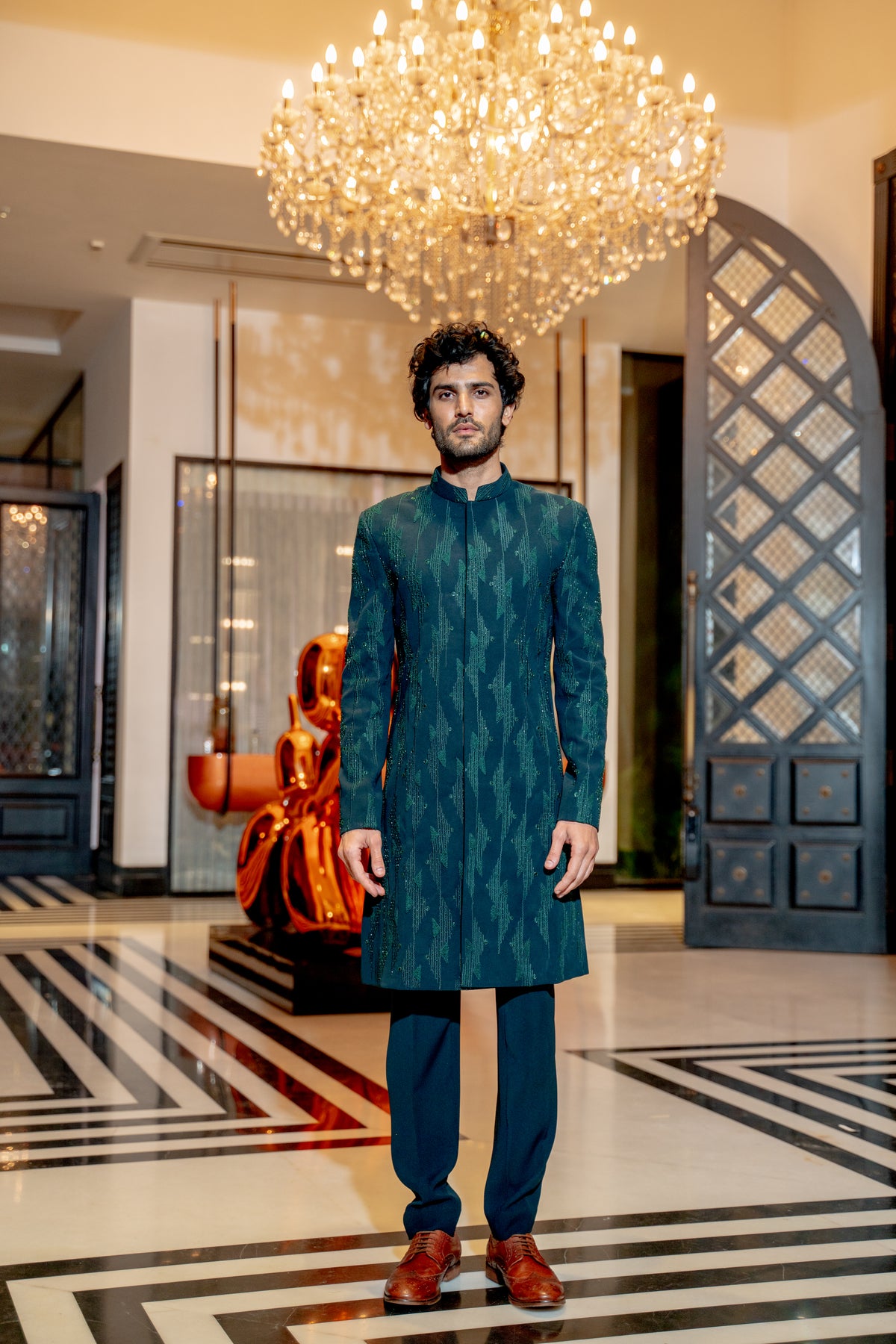 Emerald green geometric sherwani