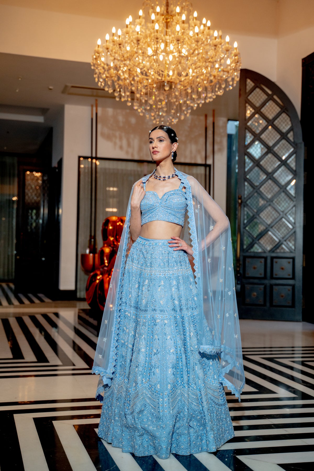 Powder blue neo-floral lehengas