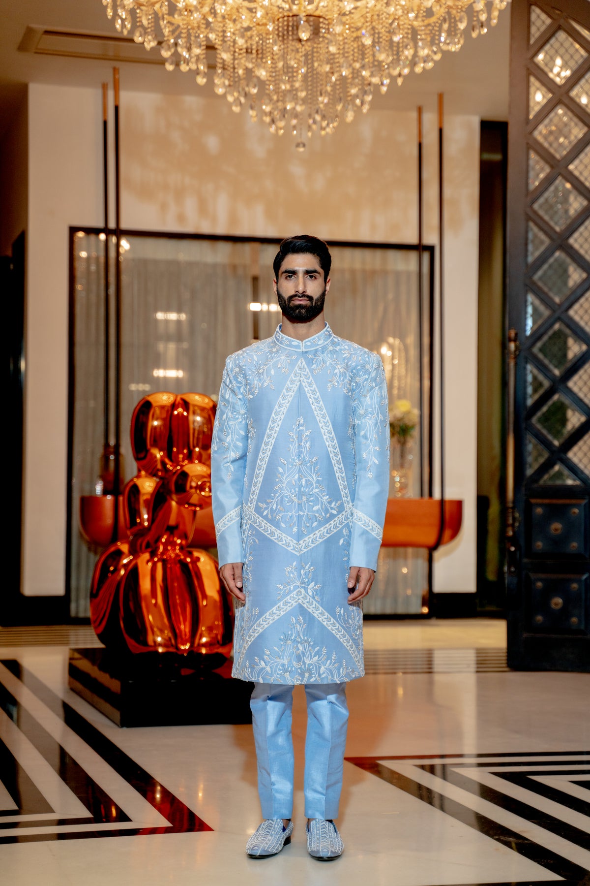 Powder blue neo floral sherwani