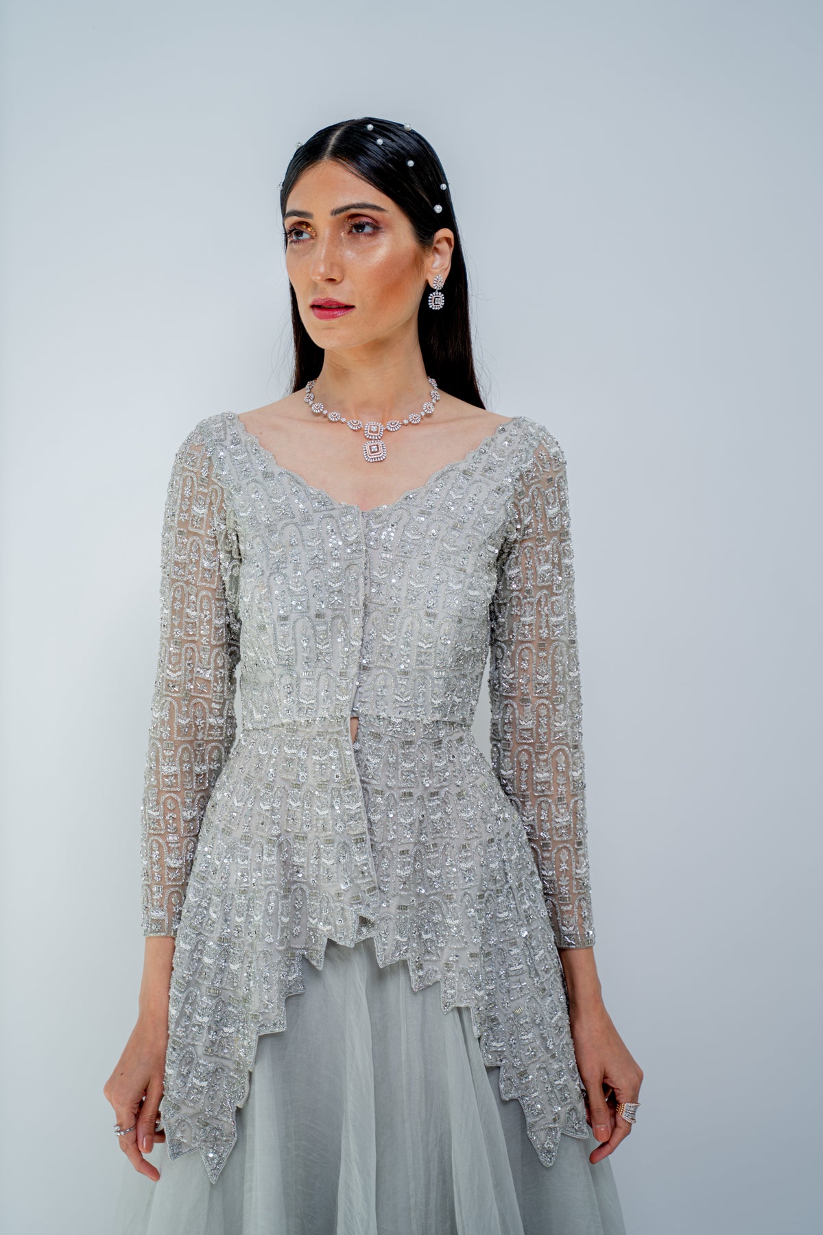 Silver metallic peplum set