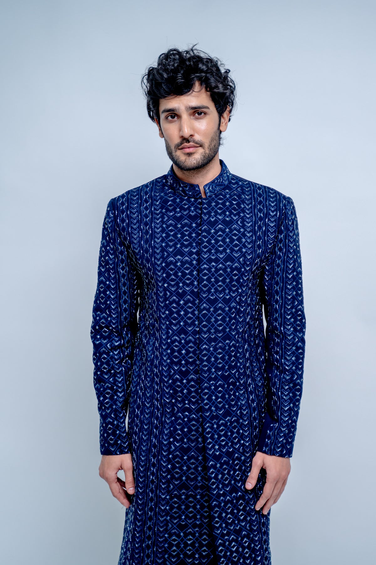 Sapphire blue geometric sherwani