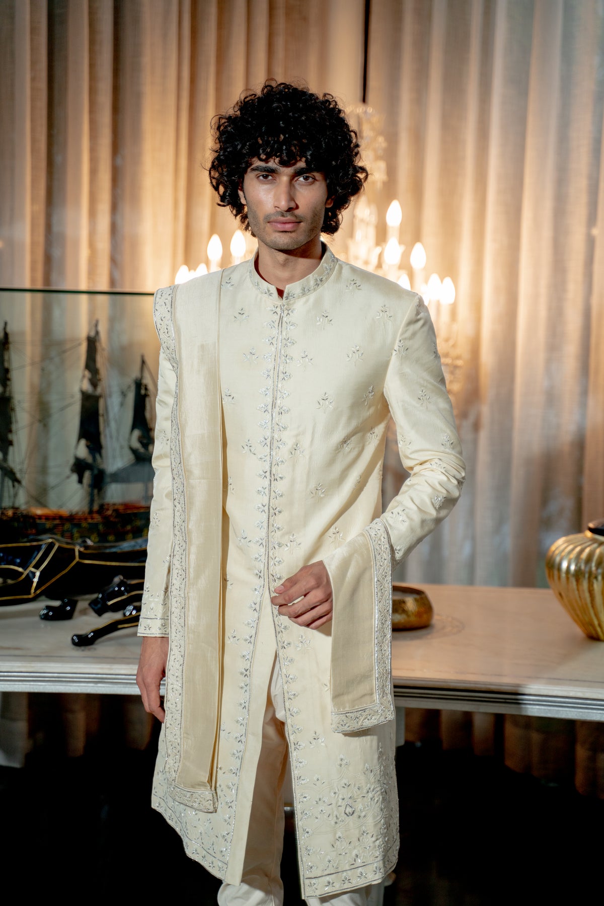 Ivory gold beige sherwani