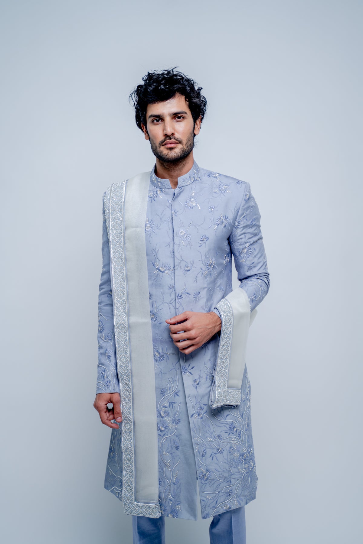 Lilac blue floral sherwani