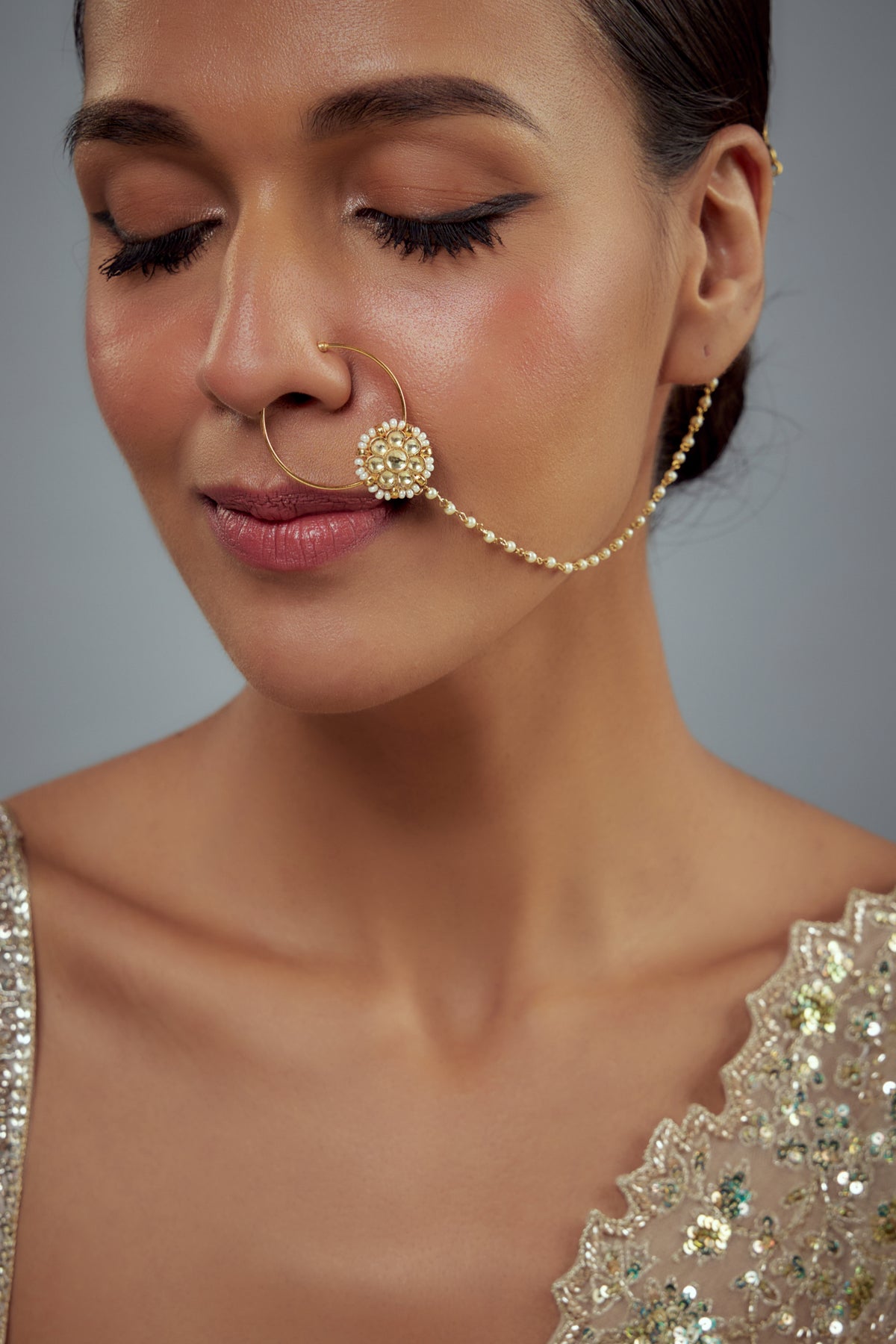 Delicate Gold Toned Nath With Chain
