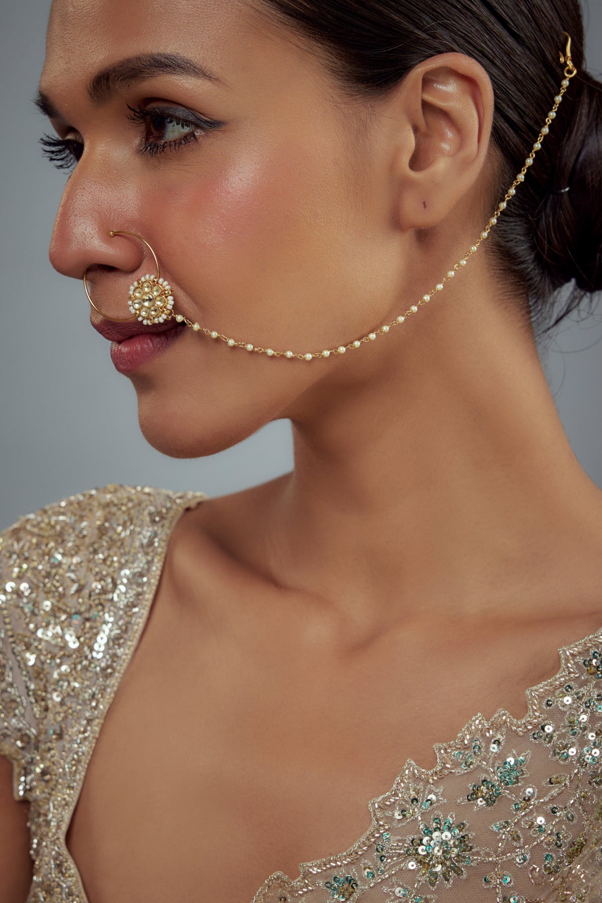 Delicate Gold Toned Nath With Chain