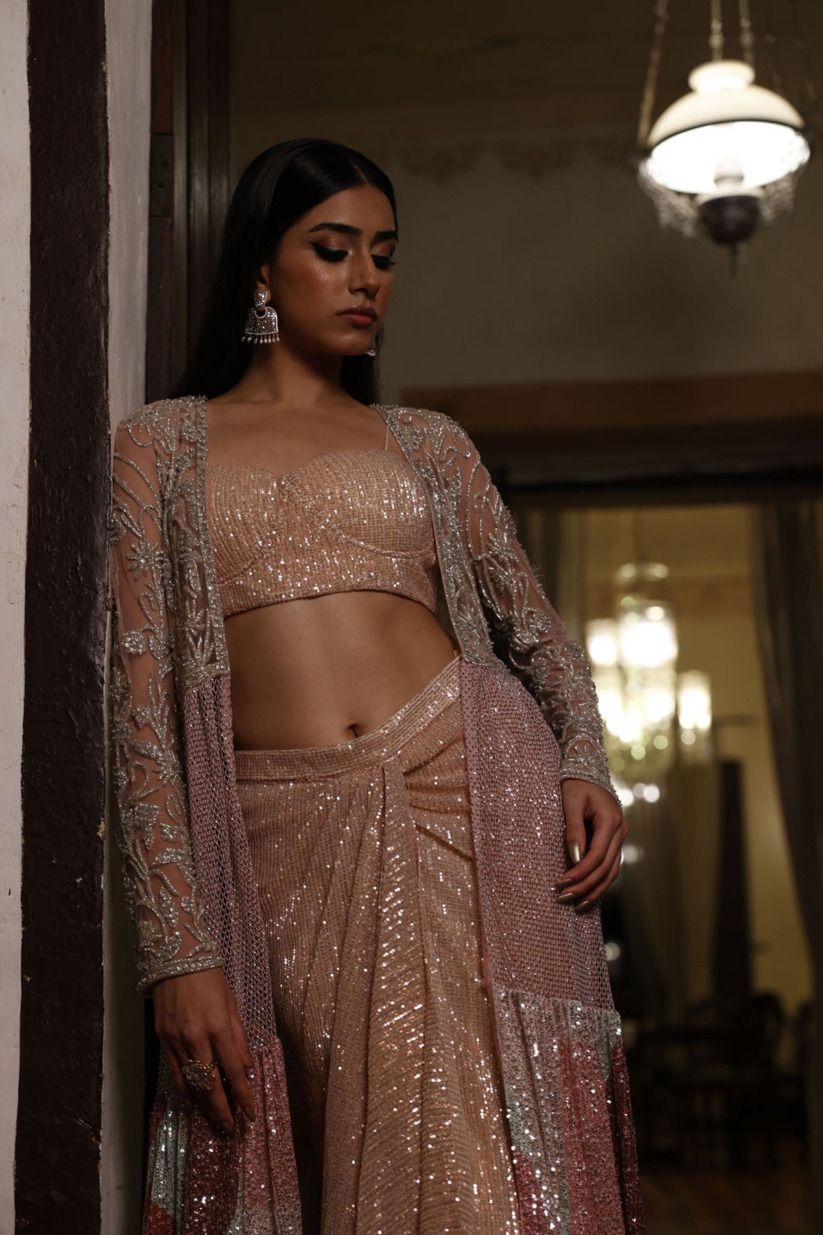 Pink Drape Skirt with a 4-Layer Cape and Bustier