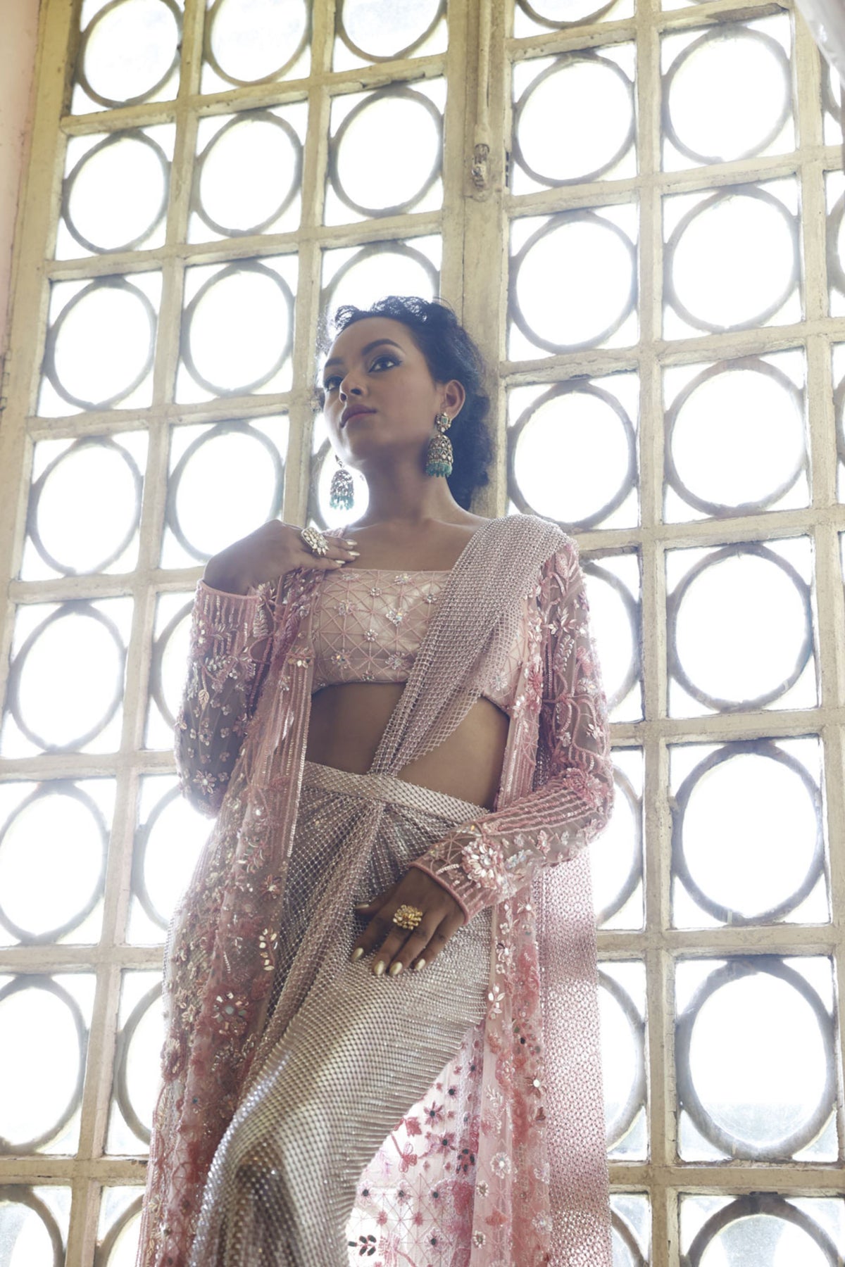 Pink Mesh Draped Skirt with Bustier and Cape