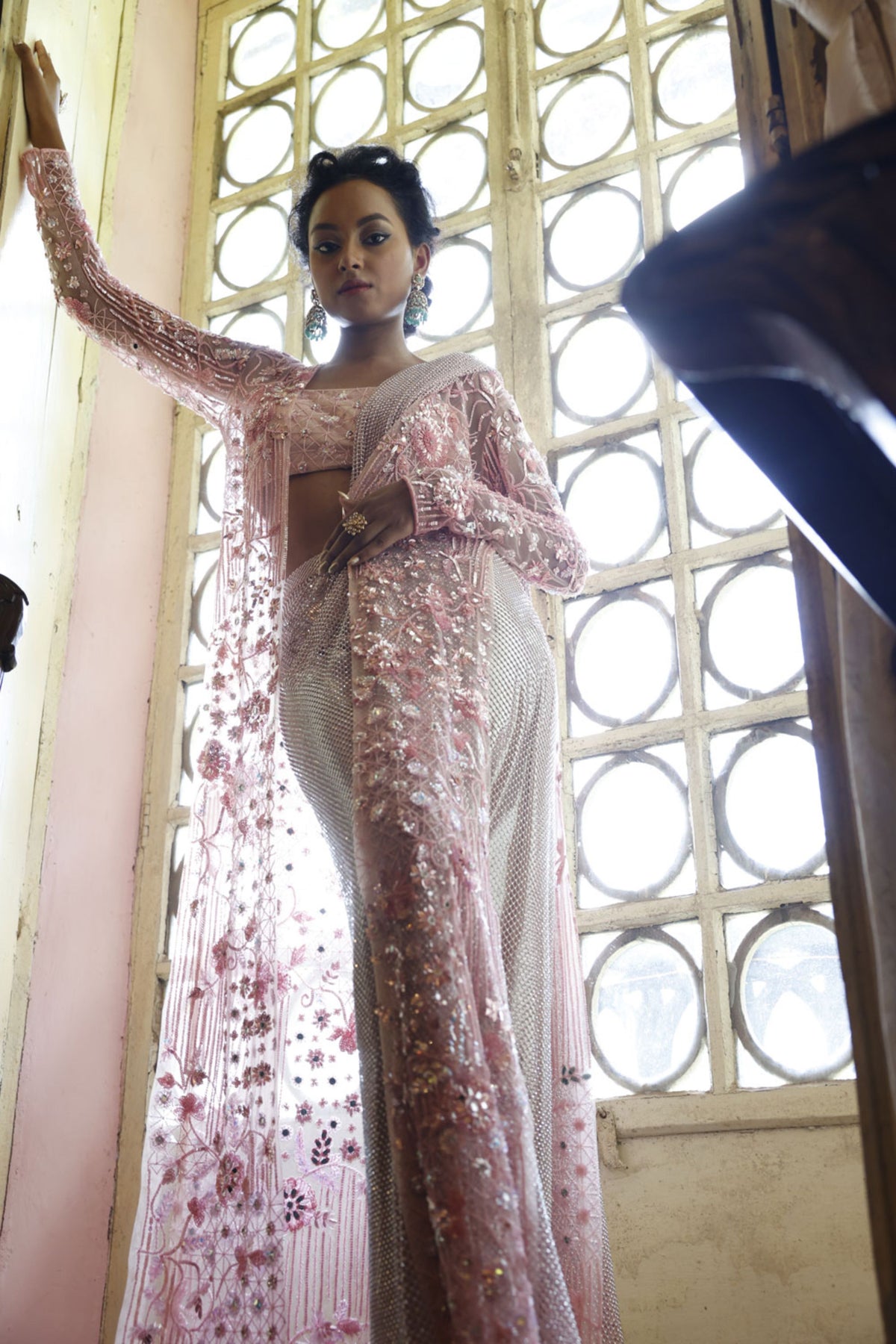 Pink Mesh Draped Skirt with Bustier and Cape