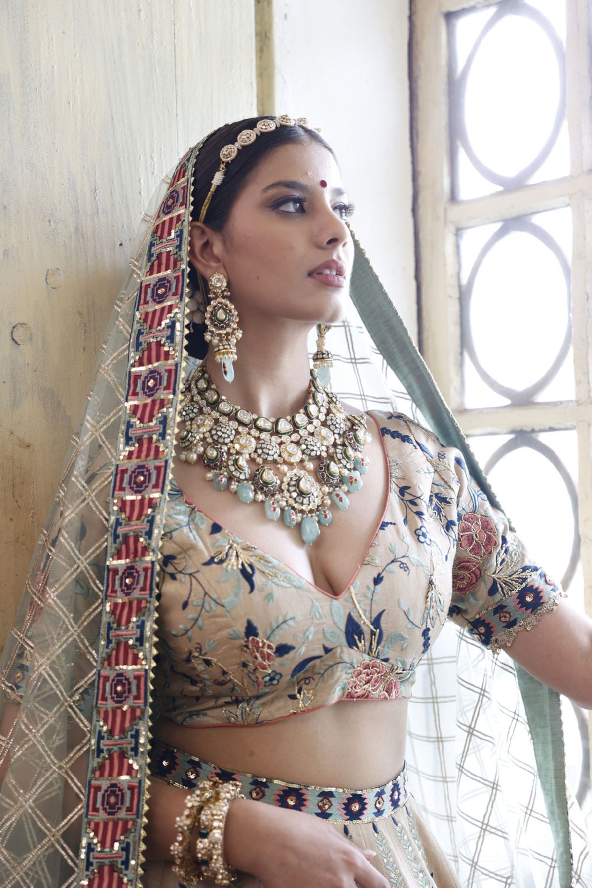 Beige Lehenga with Beige Choli and Sage Dupatta