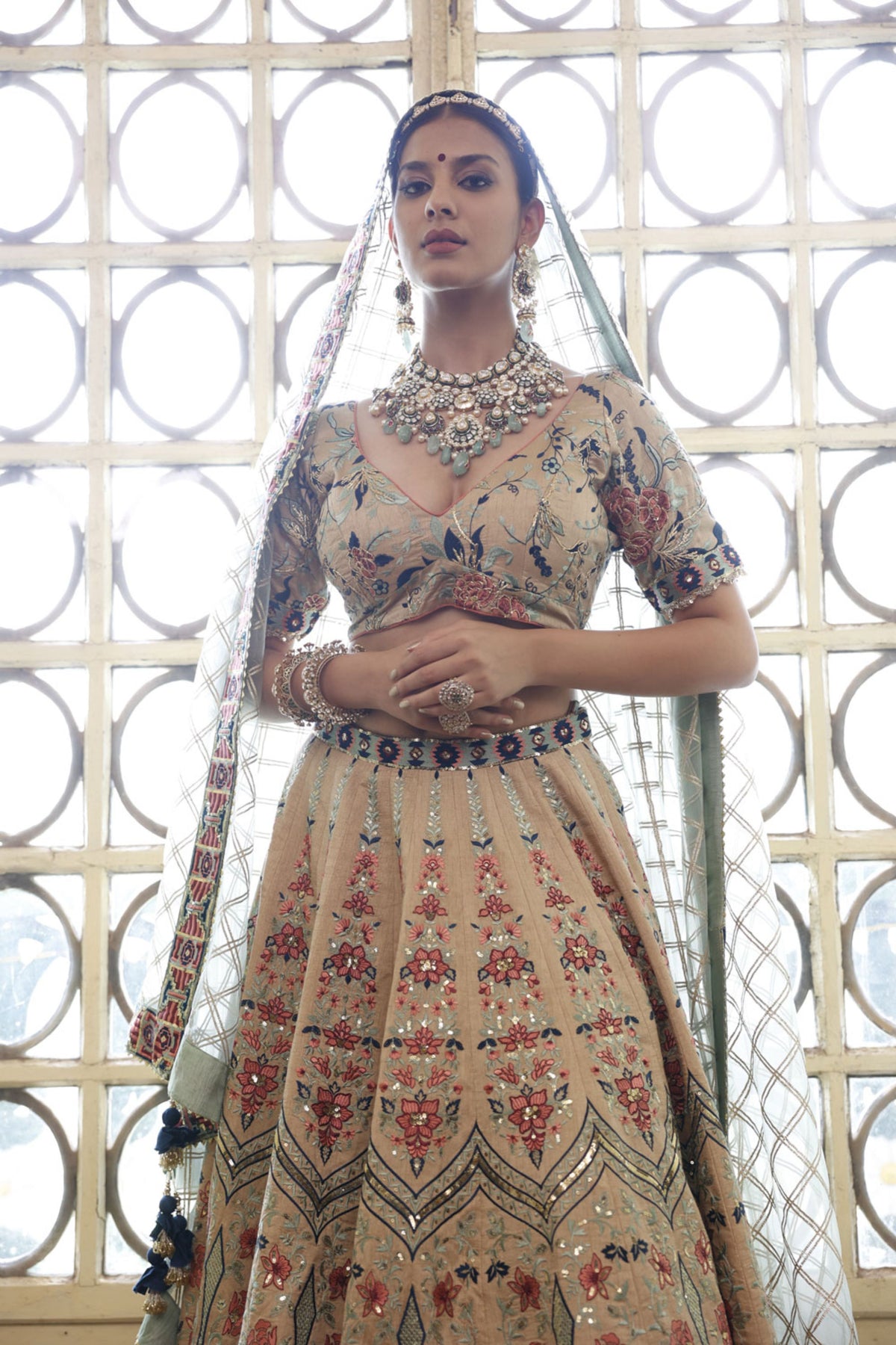 Beige Lehenga with Beige Choli and Sage Dupatta