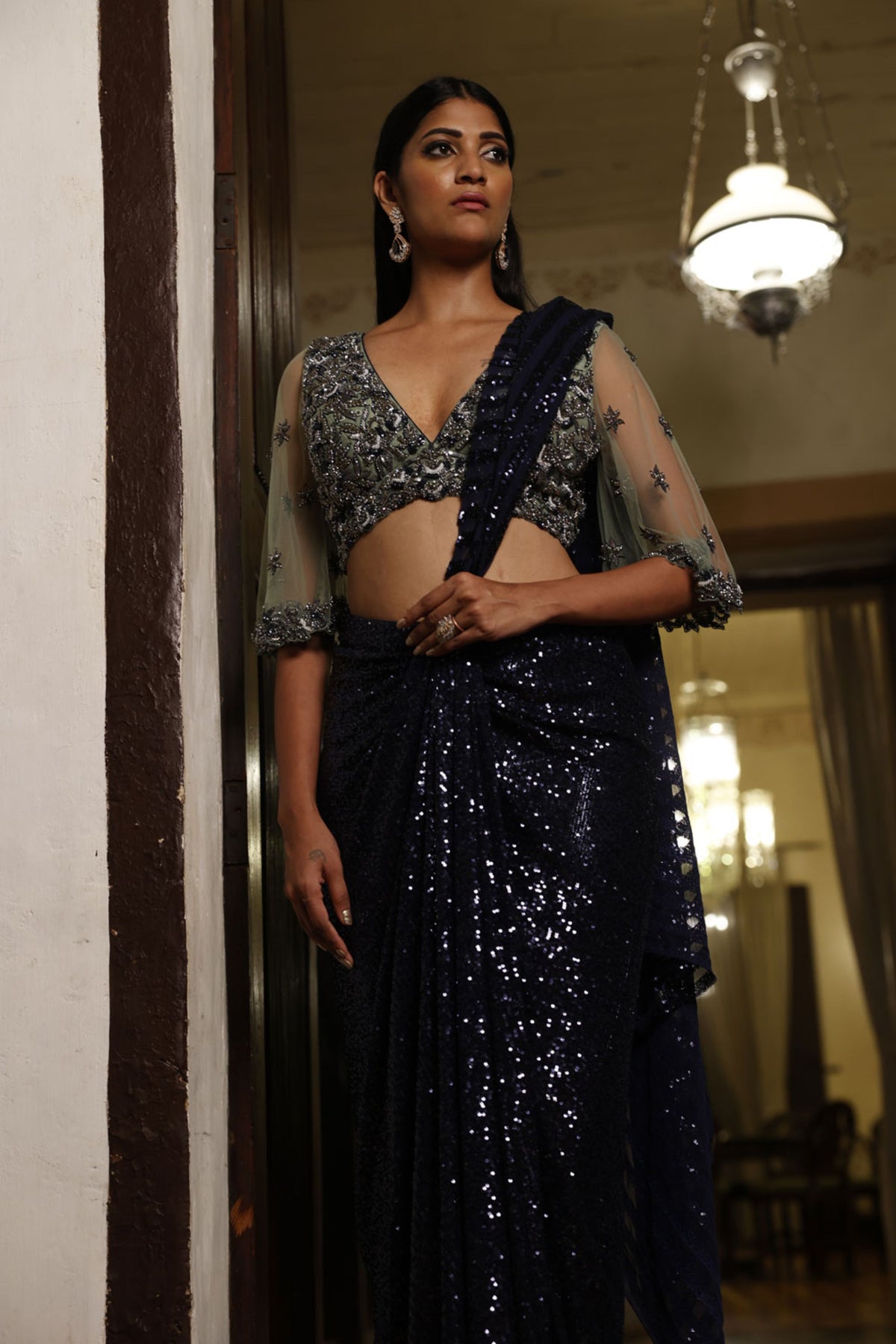 Navy Blue Drape Saree and Sage Ileana Choli