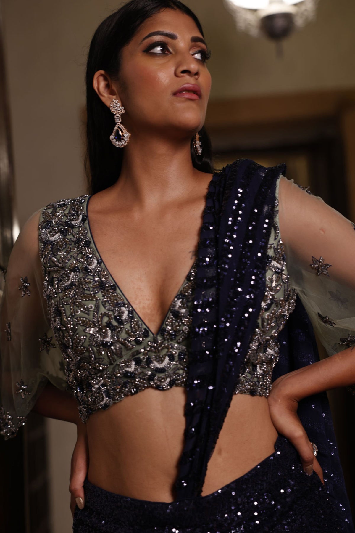 Navy Blue Drape Saree and Sage Ileana Choli