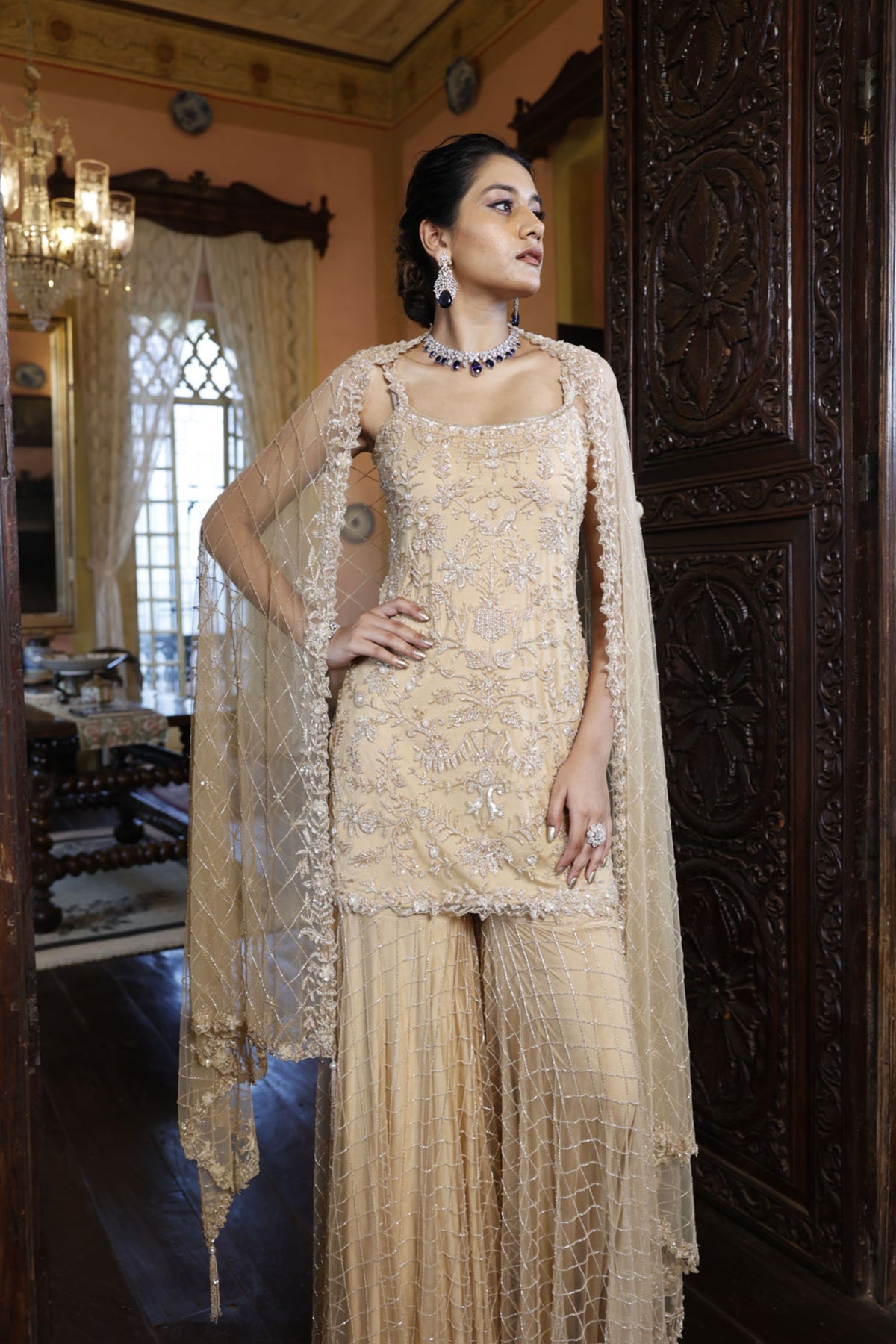 Nude Kurta with Sharara and Dupatta