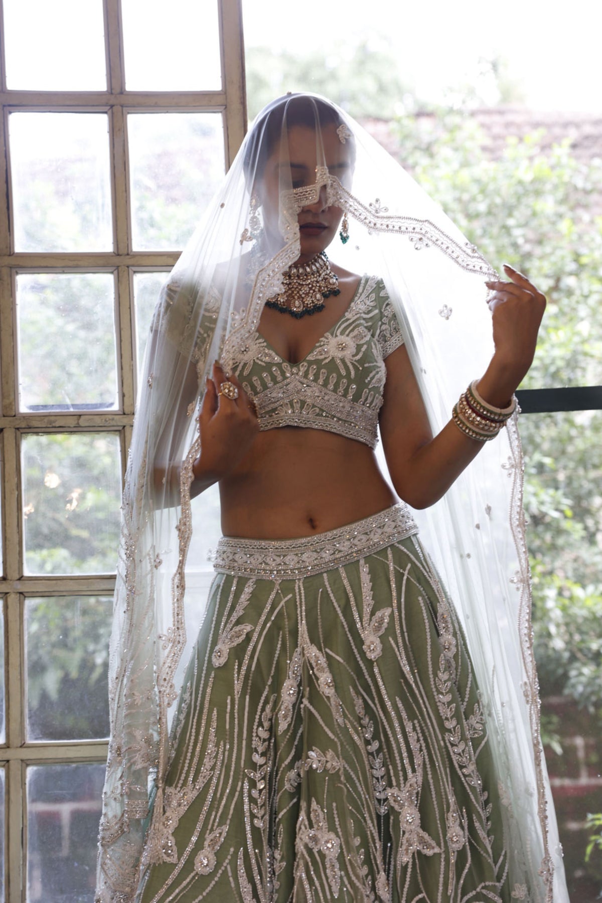 Sage Lehenga, Choli and Dupatta