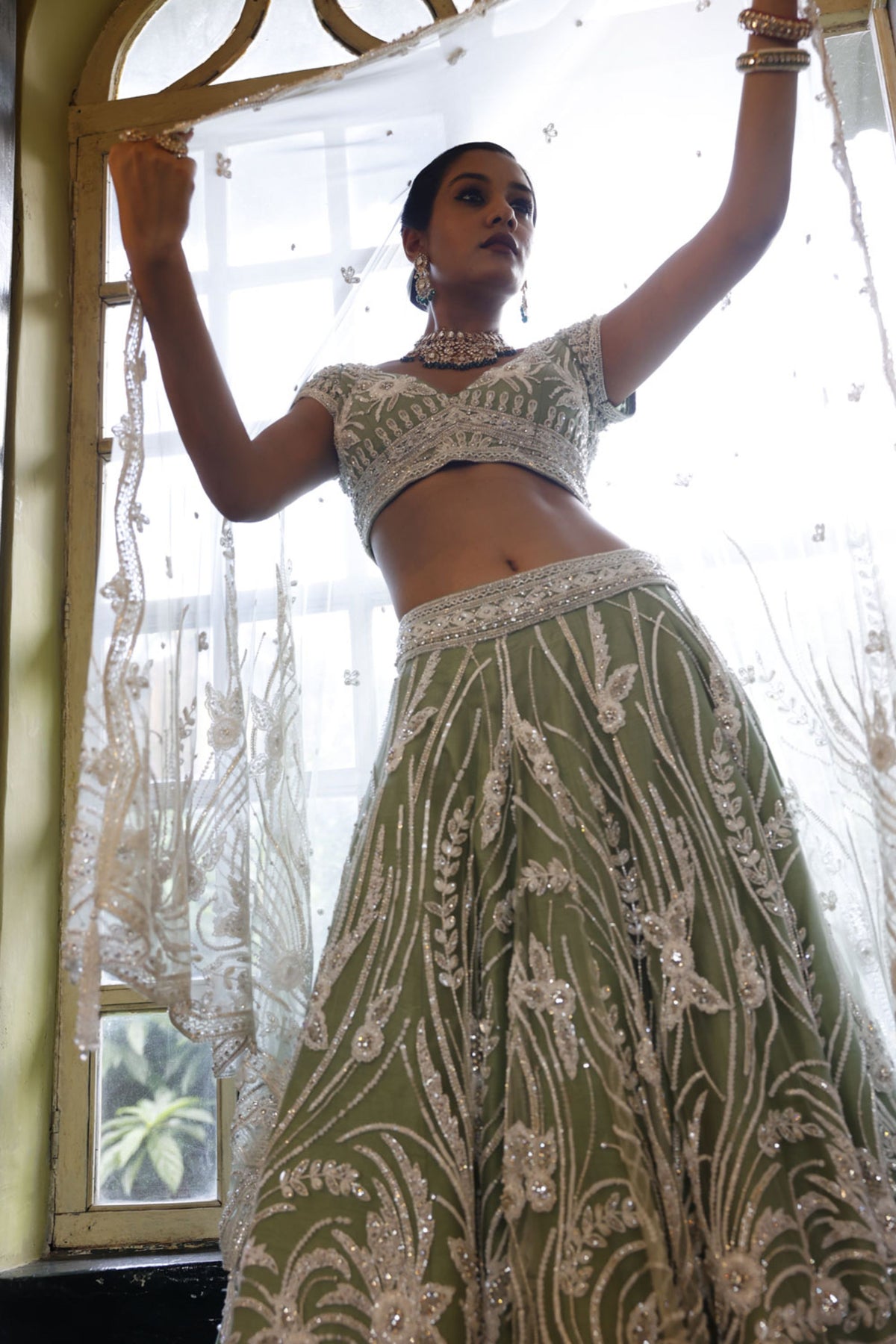 Sage Lehenga, Choli and Dupatta