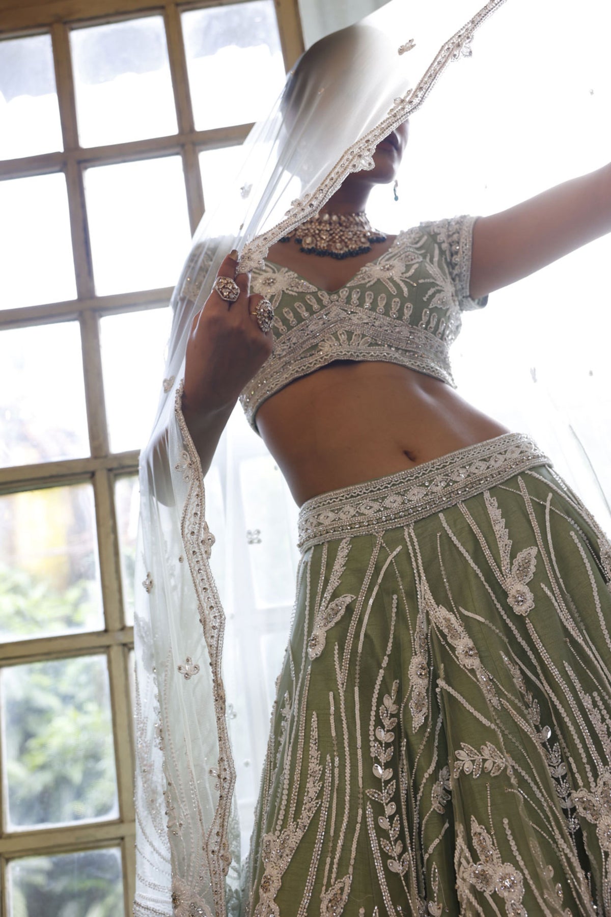 Sage Lehenga, Choli and Dupatta