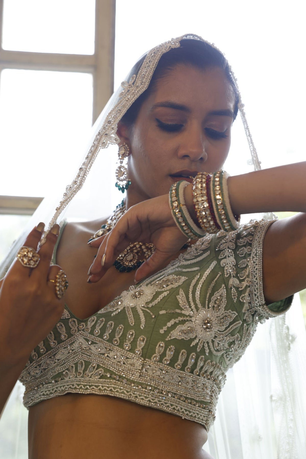 Sage Lehenga, Choli and Dupatta