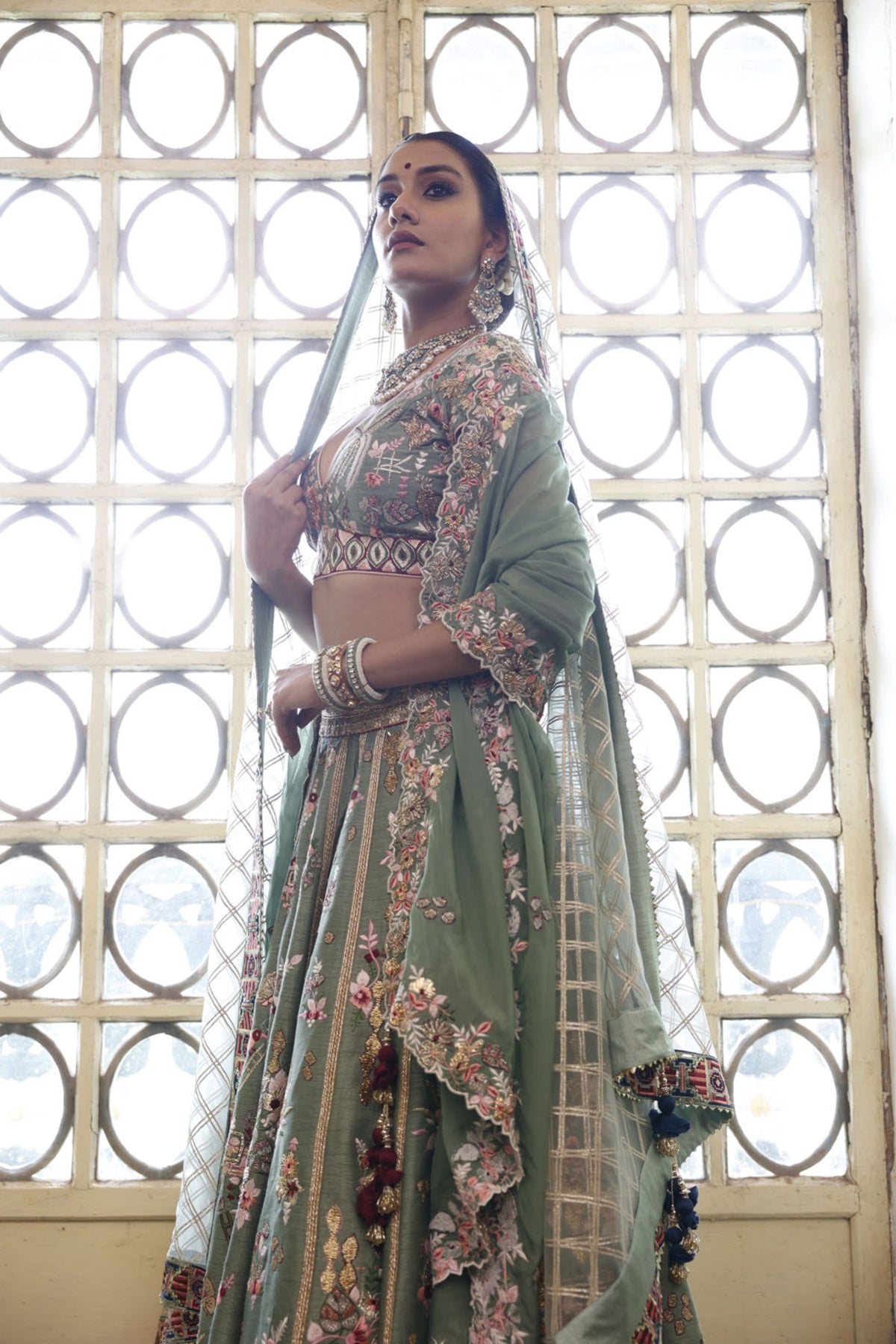 Sage Lehenga, Choli and Dupatta