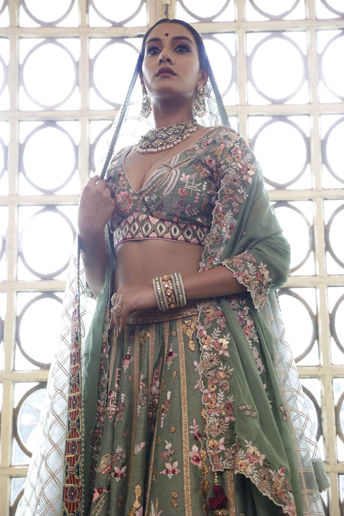 Sage Lehenga, Choli and Dupatta