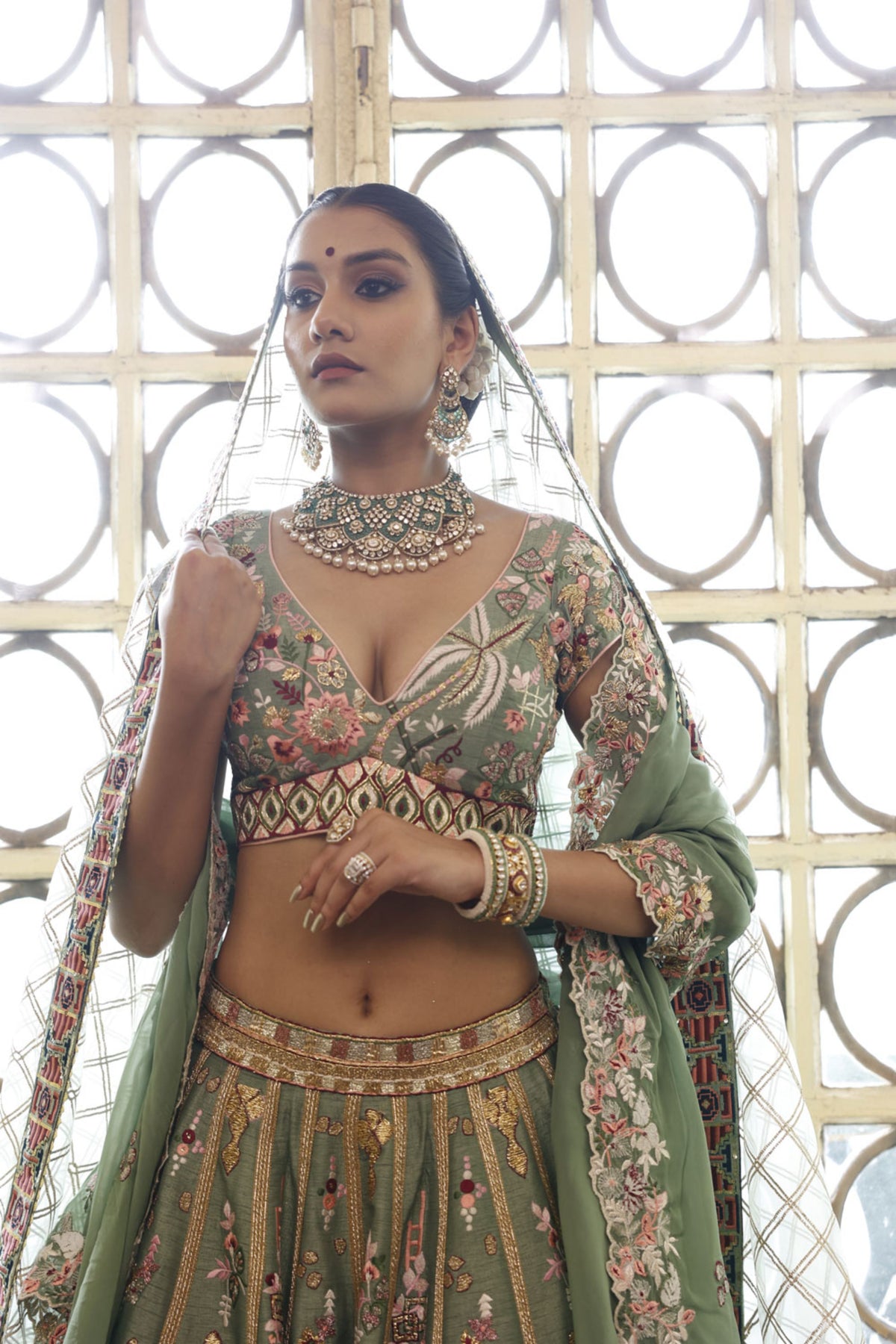 Sage Lehenga, Choli and Dupatta