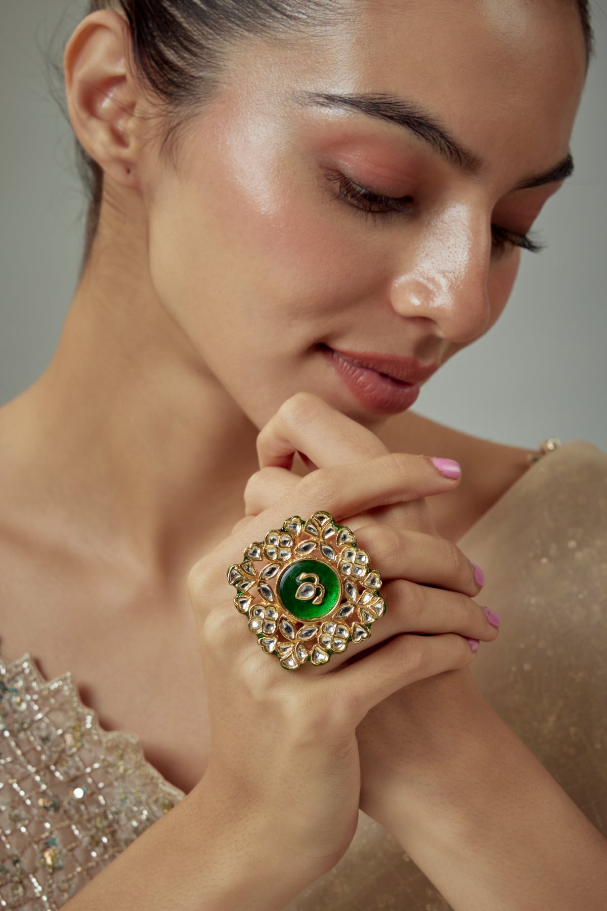Saadgi Gold Green Kundan Ring