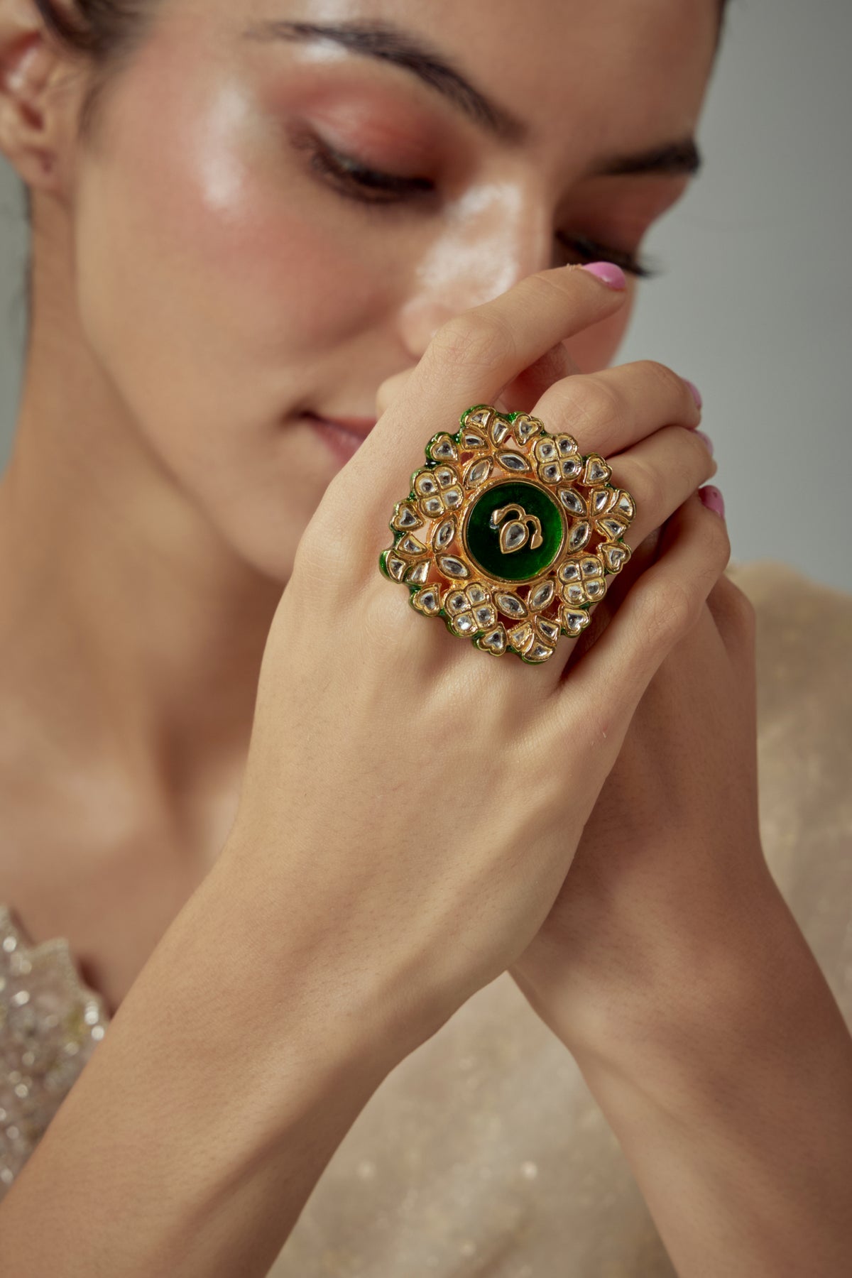 Saadgi Gold Green Kundan Ring